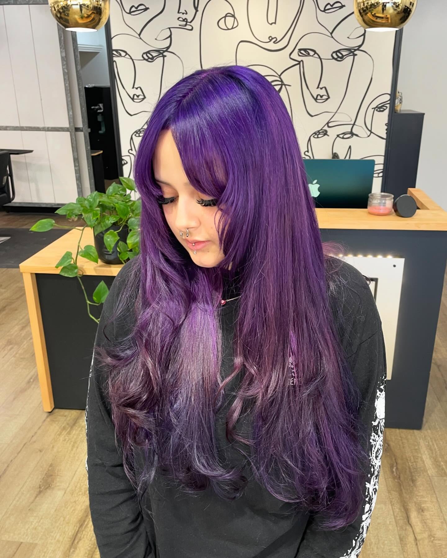Layered Long Purple Tresses with Soft Waves
