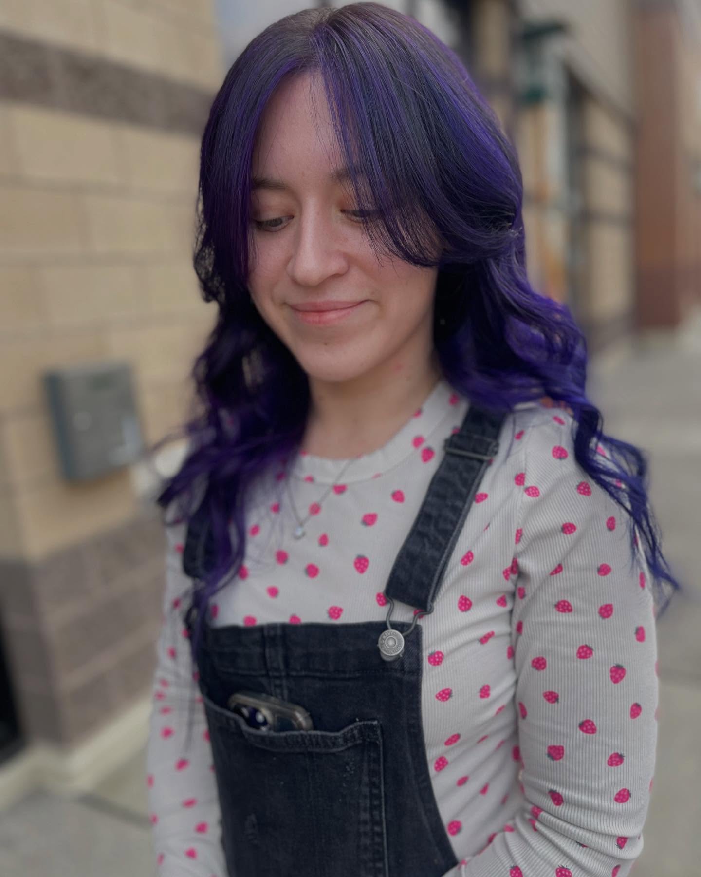Playful Purple Cascading Curls with Subtle Layers