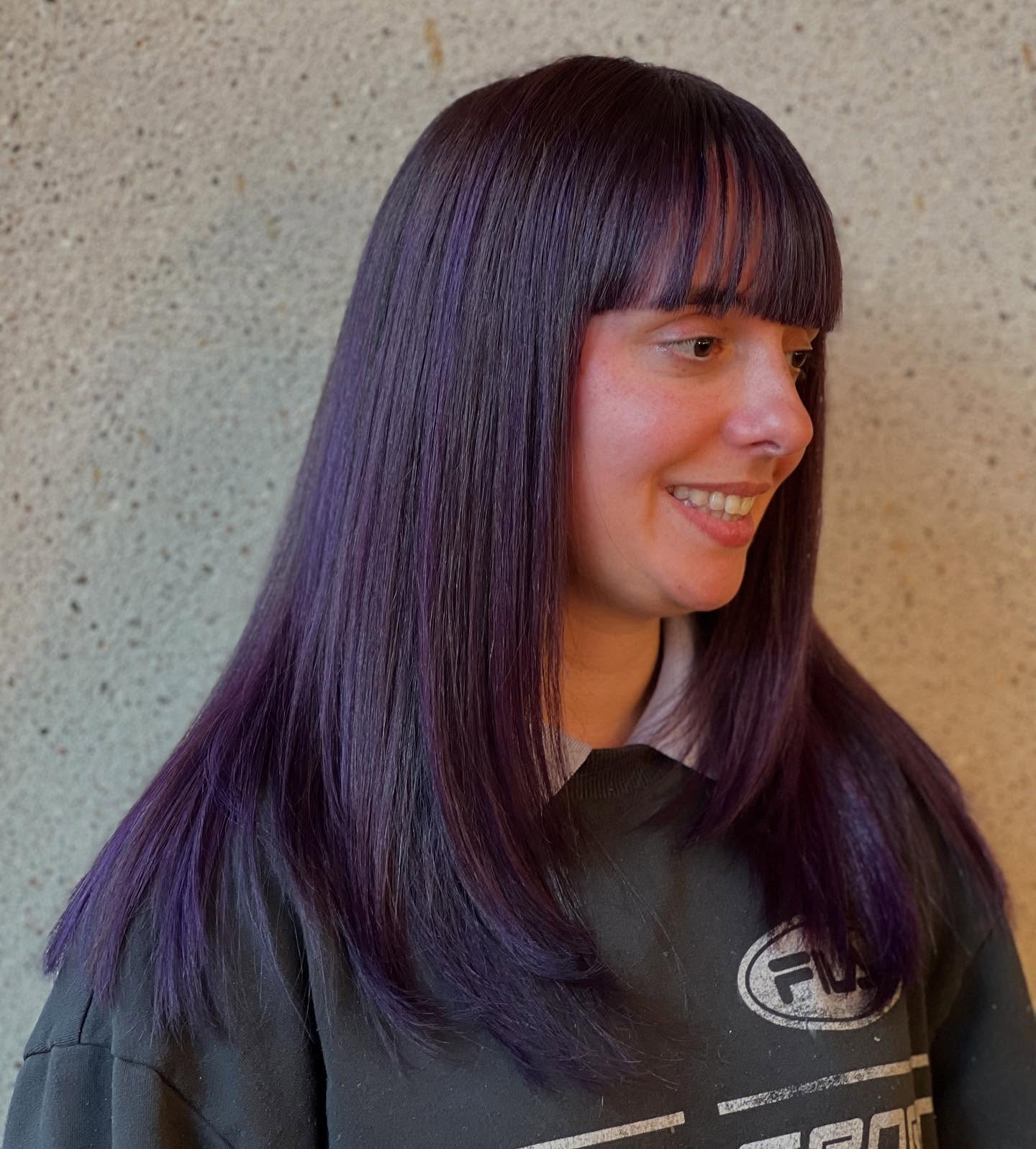 Sleek Long Purple Hair with Straight Bangs