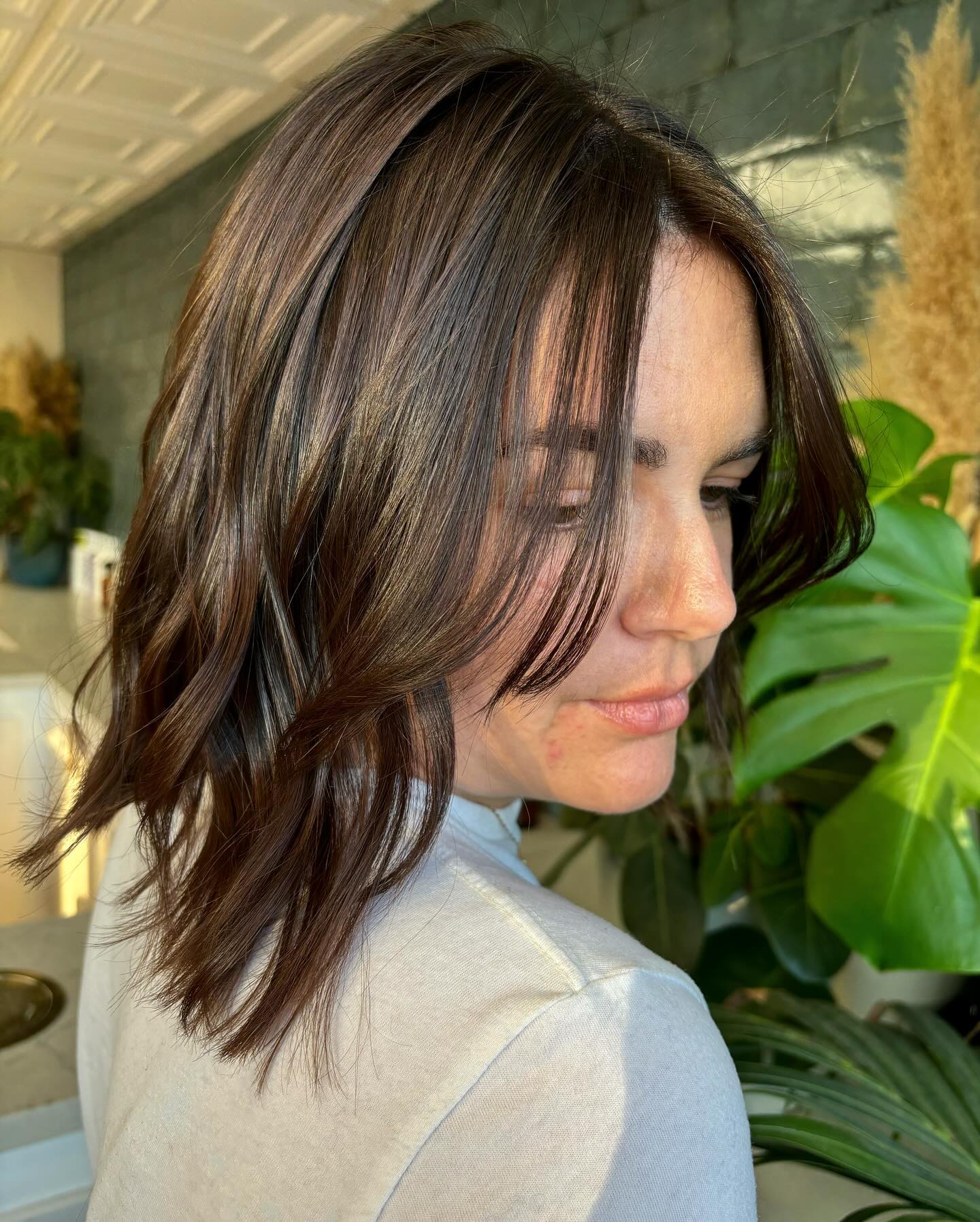 Warm Chocolate Shoulder-Length Shag with Face-Framing Layers