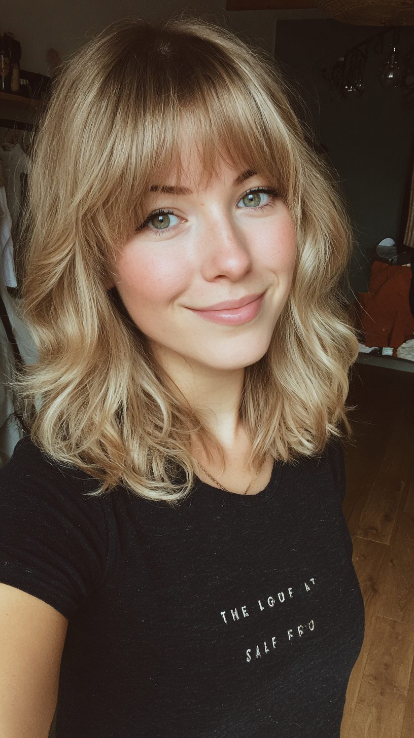Softly Layered Beachy Waves with Blunt Bangs