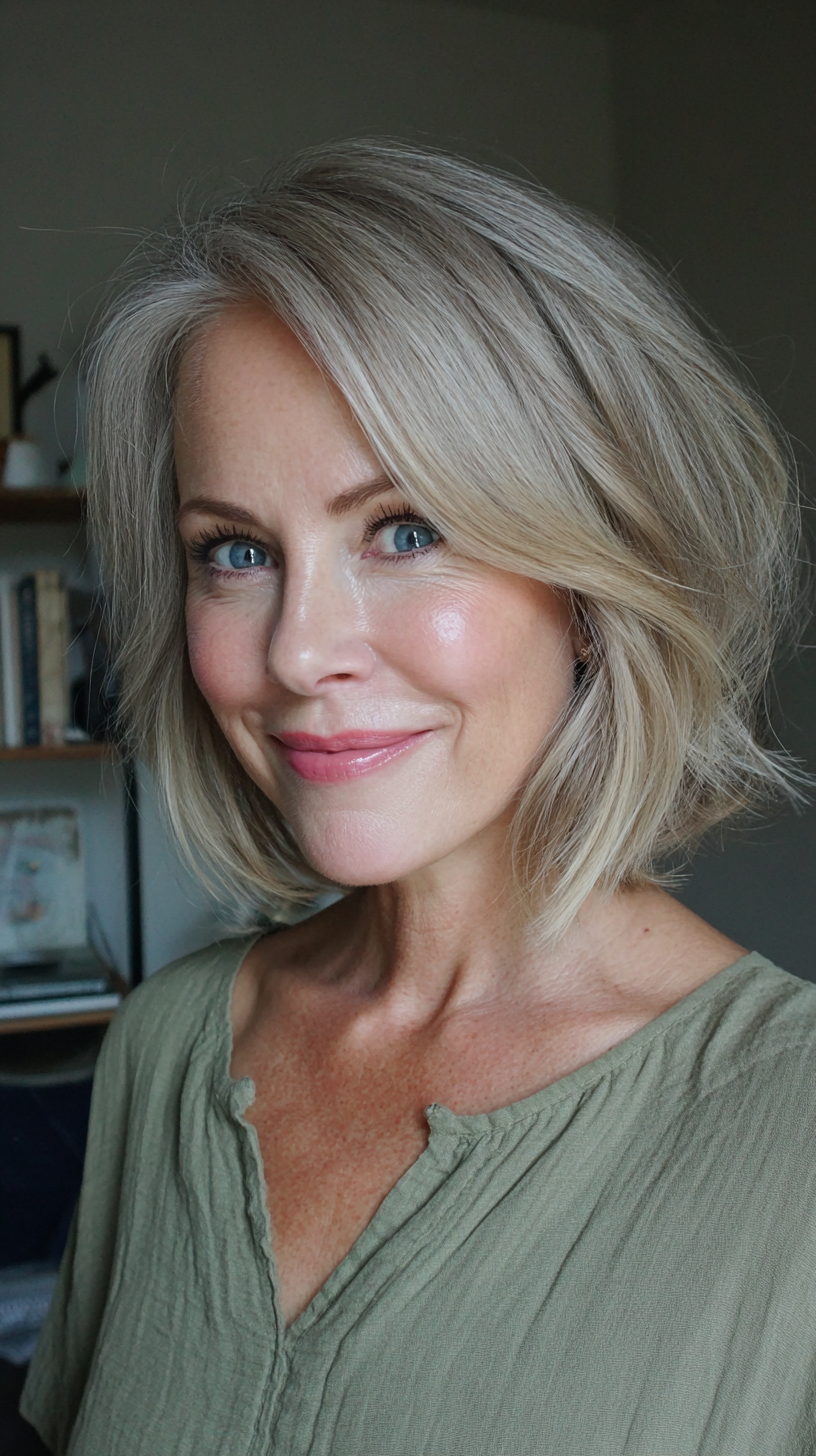 Textured Blunt Bob with Soft Side-Swept Bangs