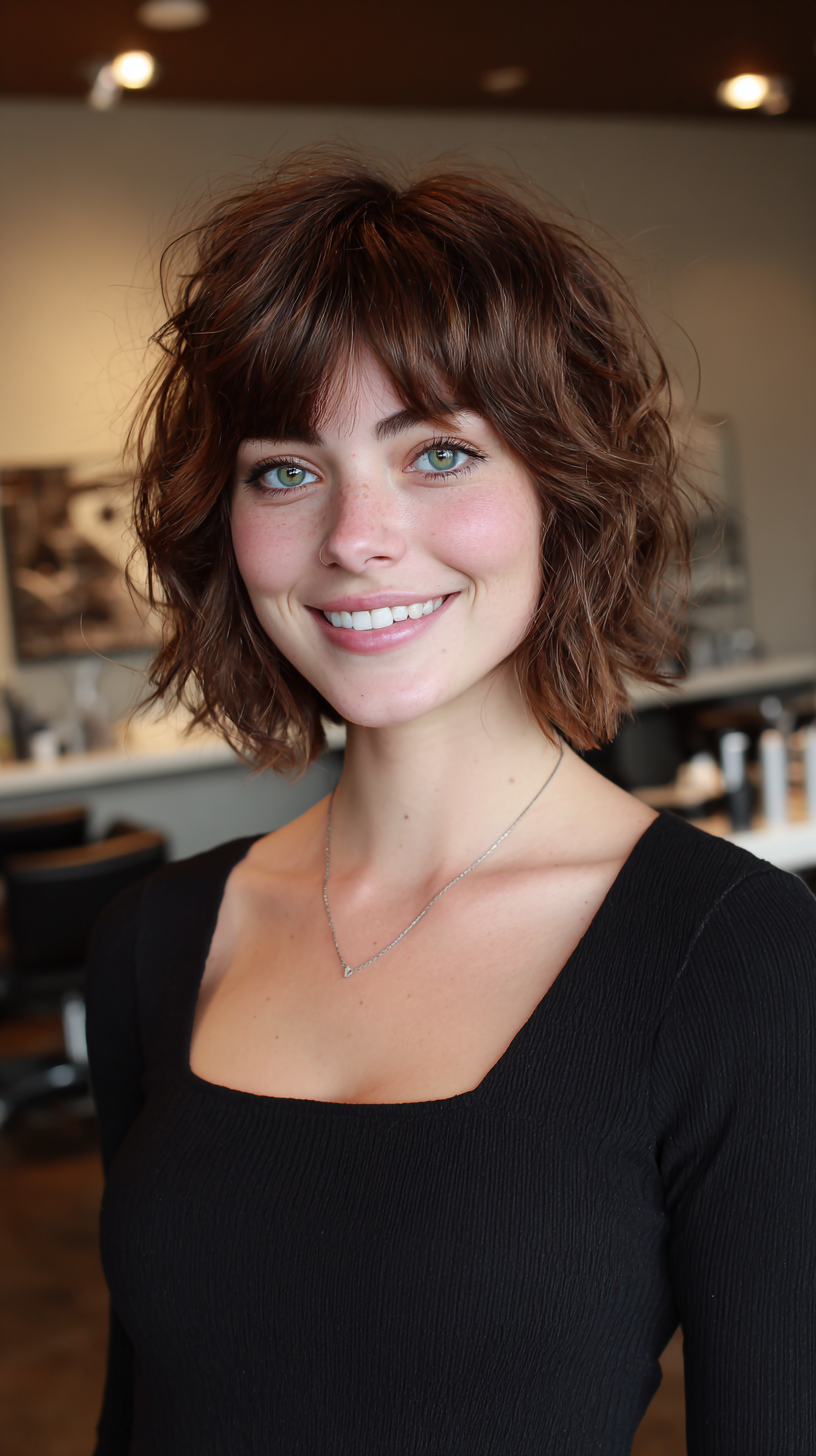 Textured Curly Bob with Soft Bangs