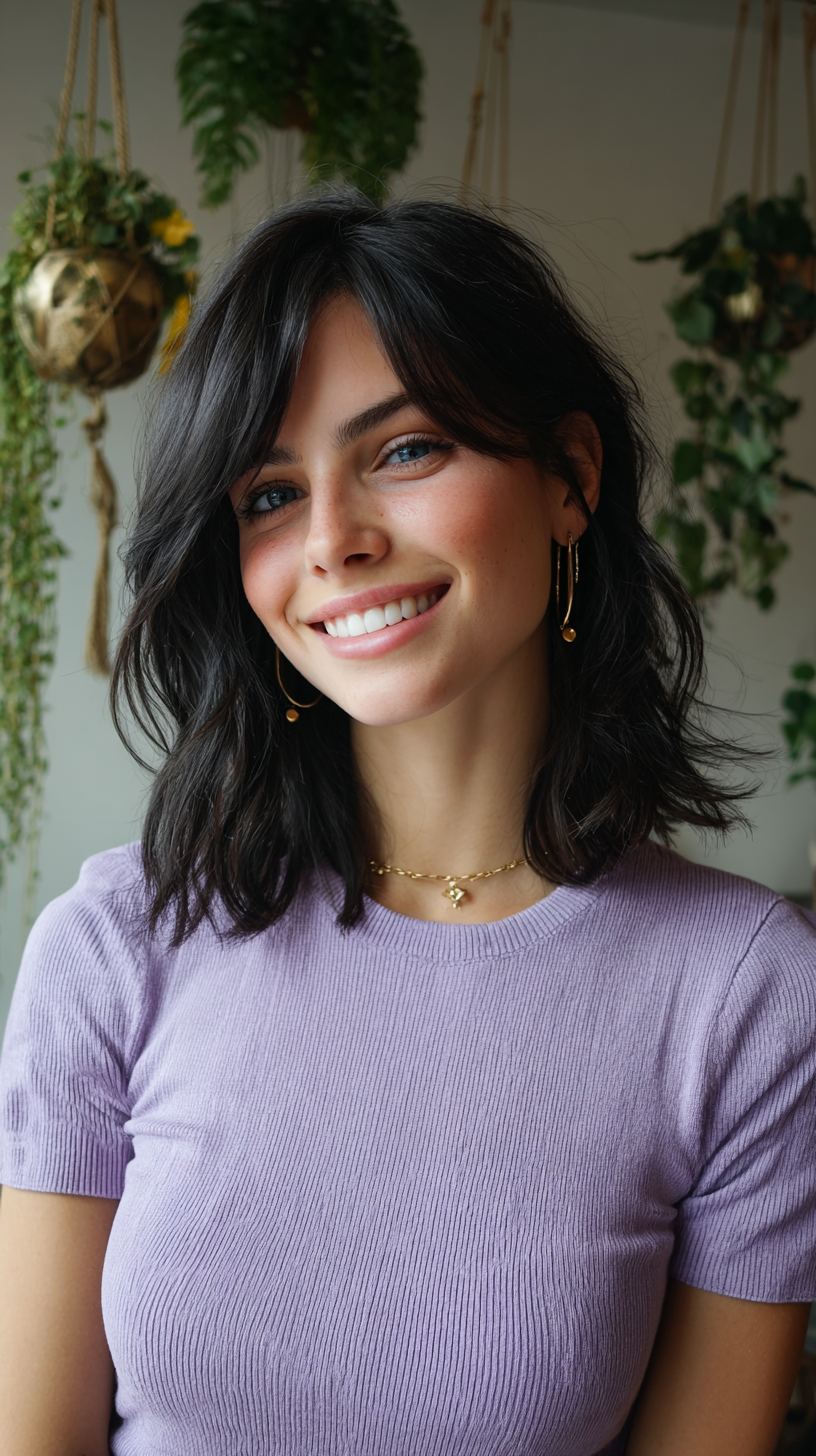 Textured Wavy Lob with Soft Bangs