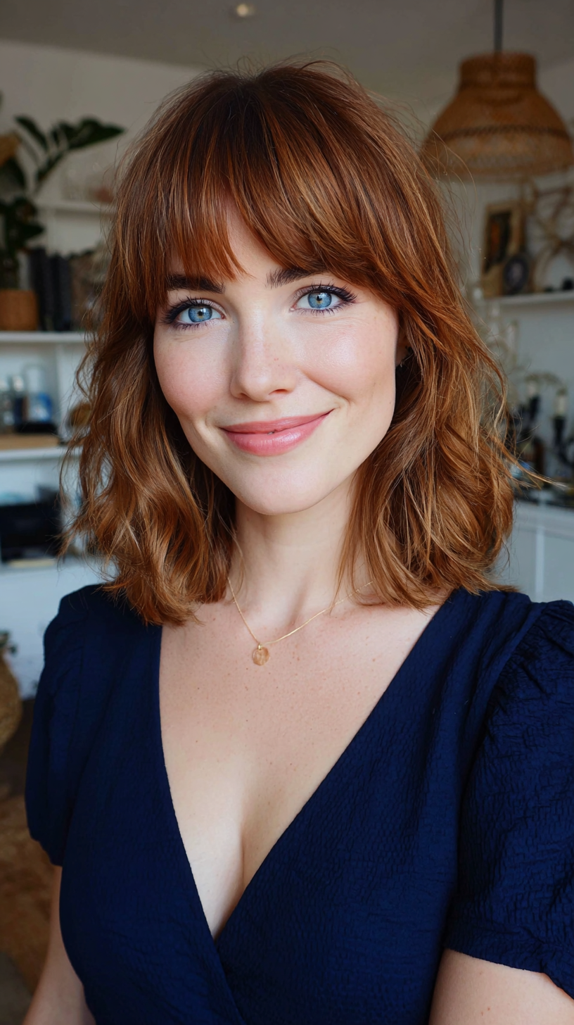Warm Copper Waves with Soft Curtain Bangs