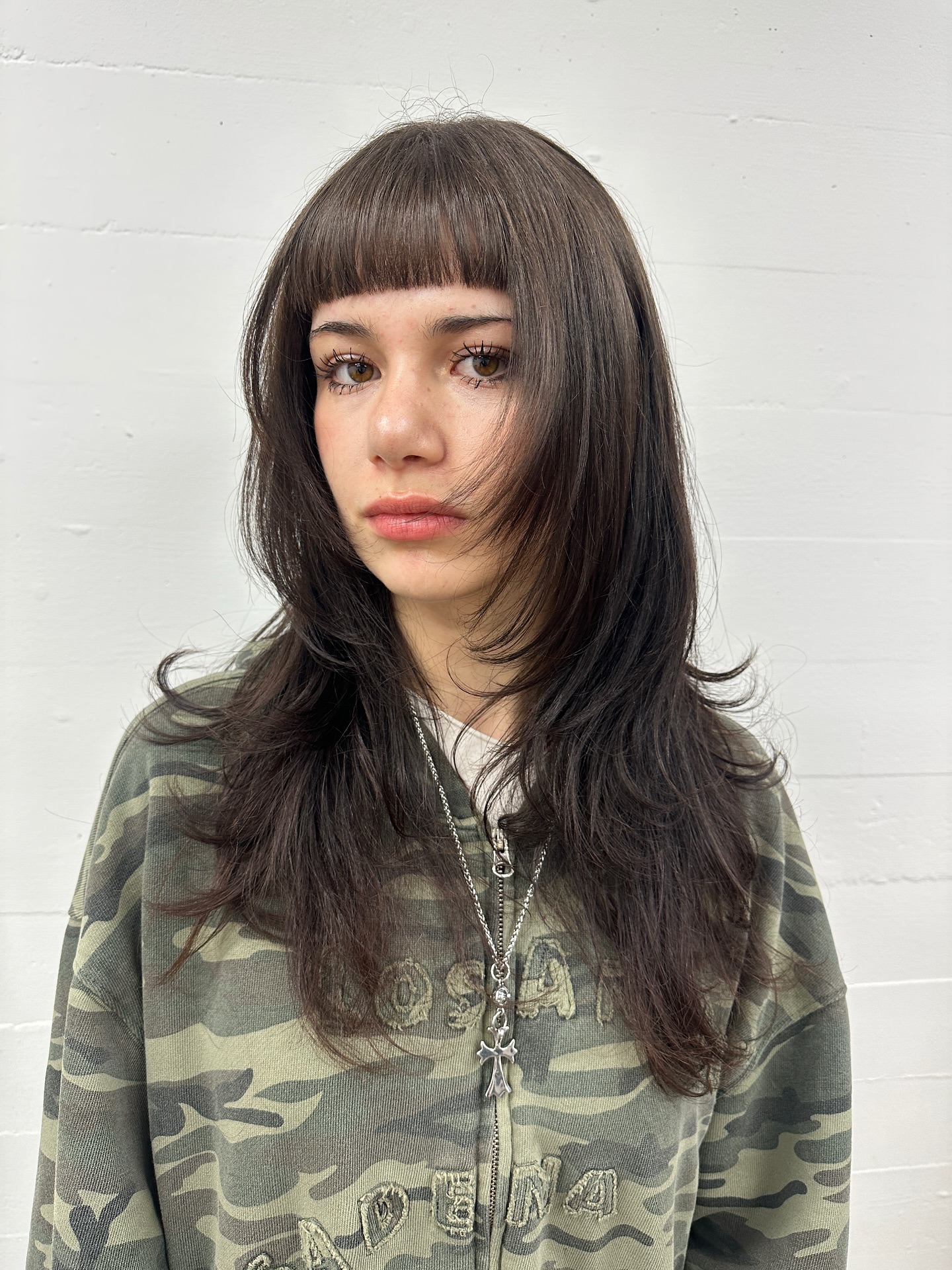 Chic Long Layered Cut with Soft Blunt Bangs