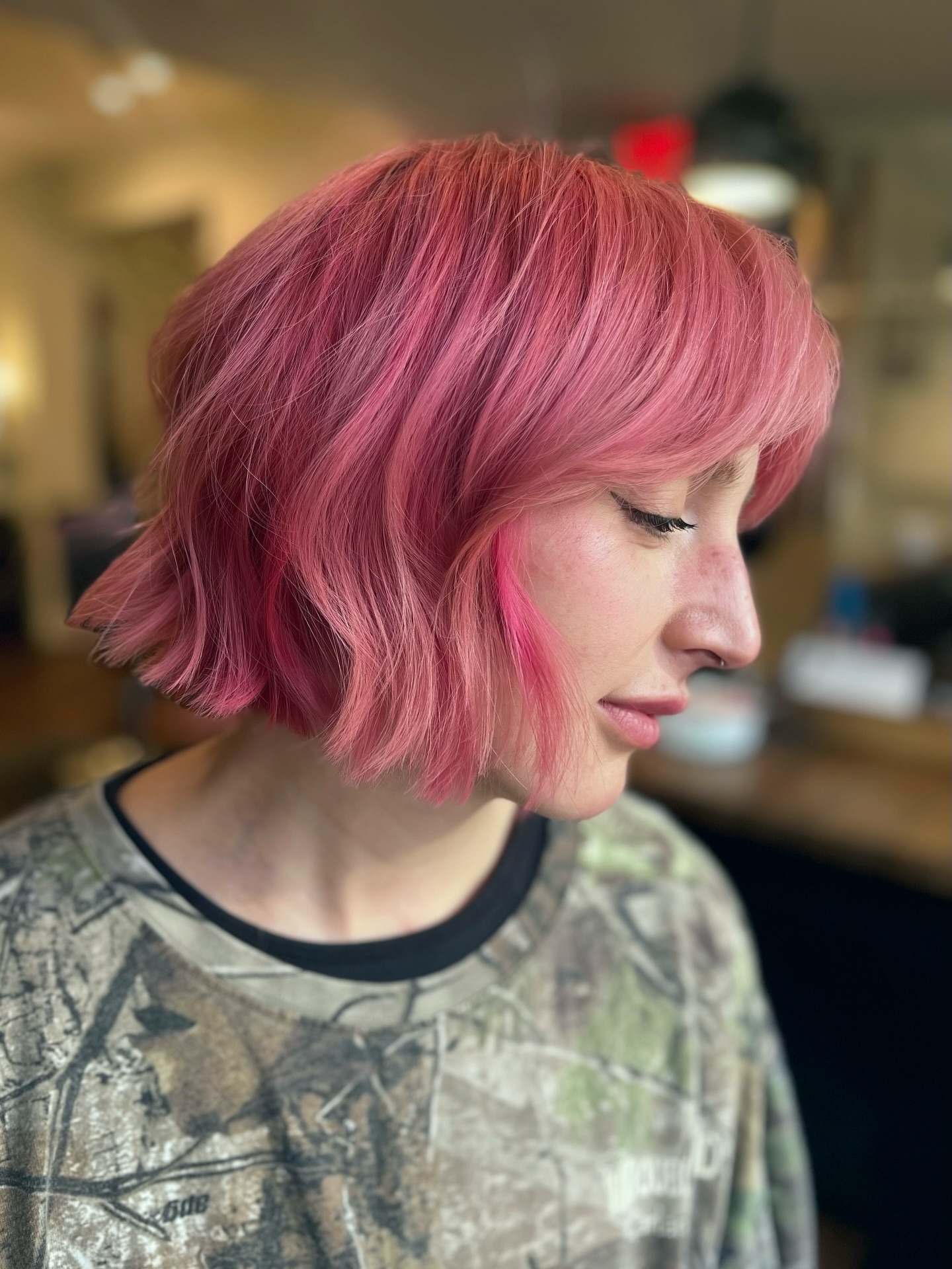Playful Textured Bob with Soft Pastel Pink Highlights