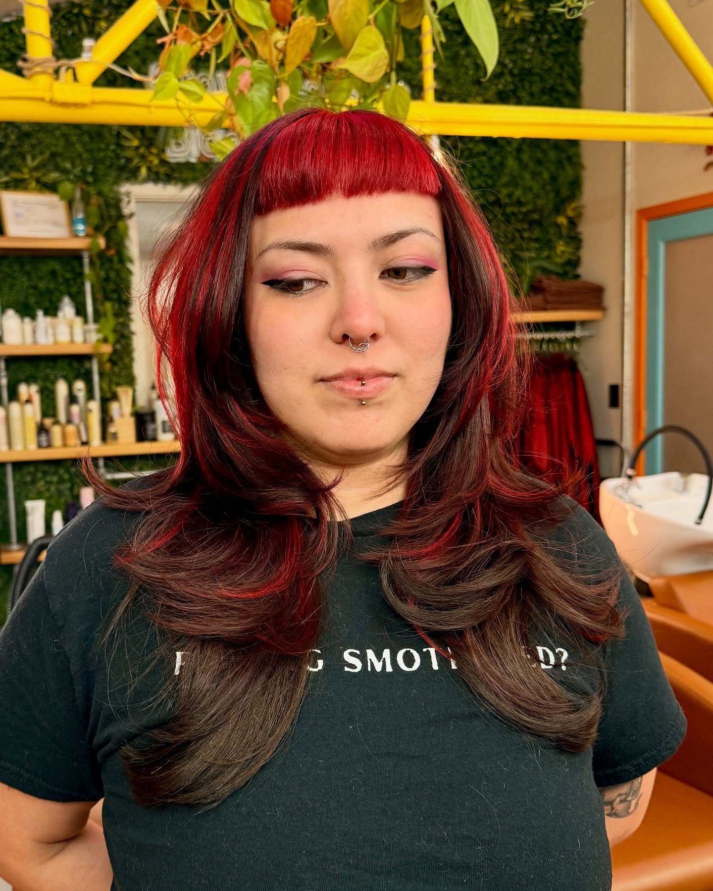Bold Red and Dark Brown Layered Cut with Blunt Bangs