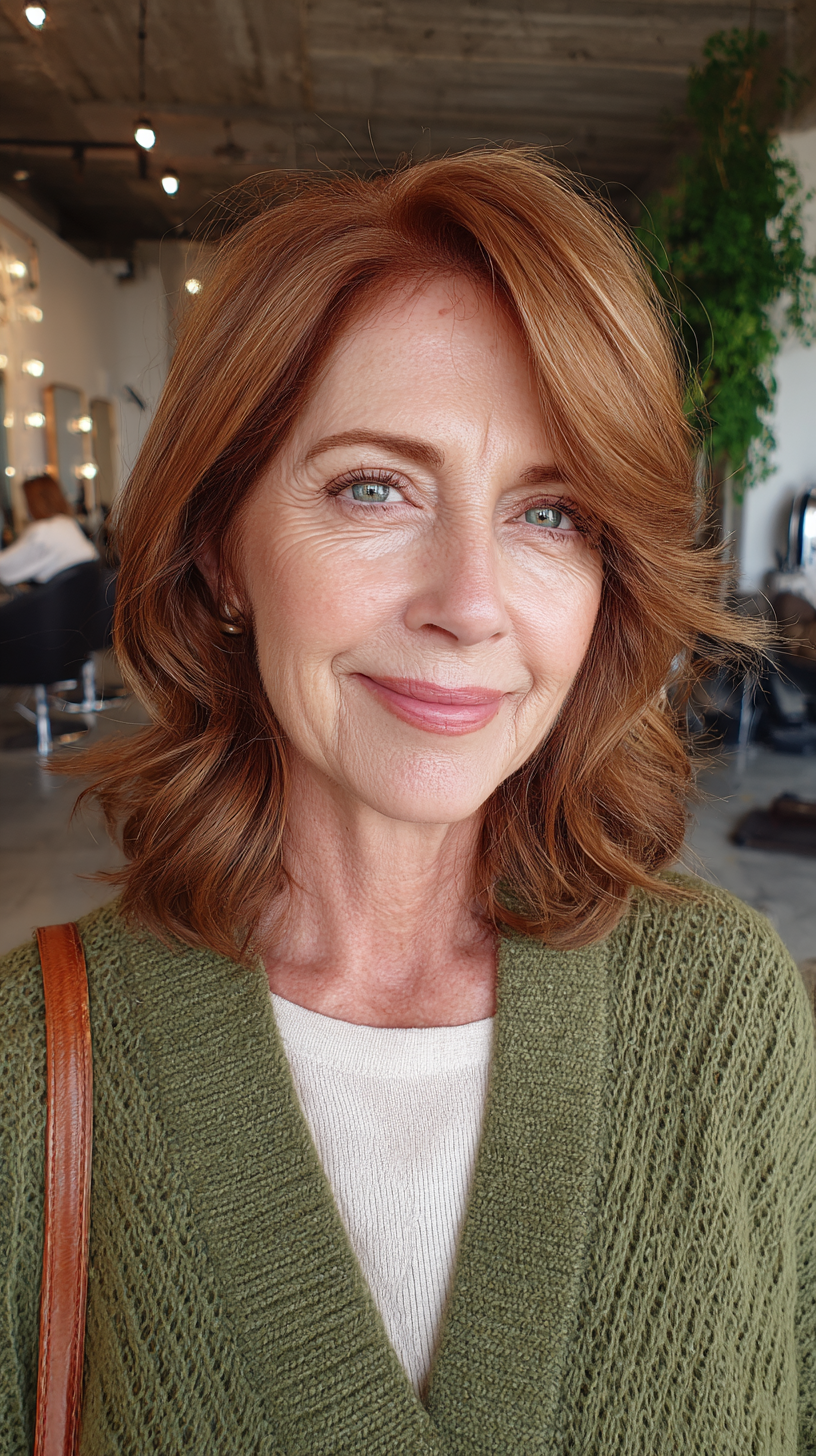 Chic Shoulder-Length Soft Waves with Warm Copper Tones