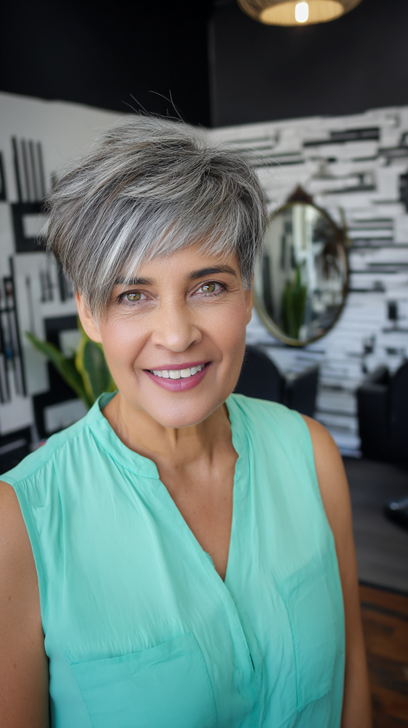 Chic Silver Textured Pixie Cut with Playful Highlights