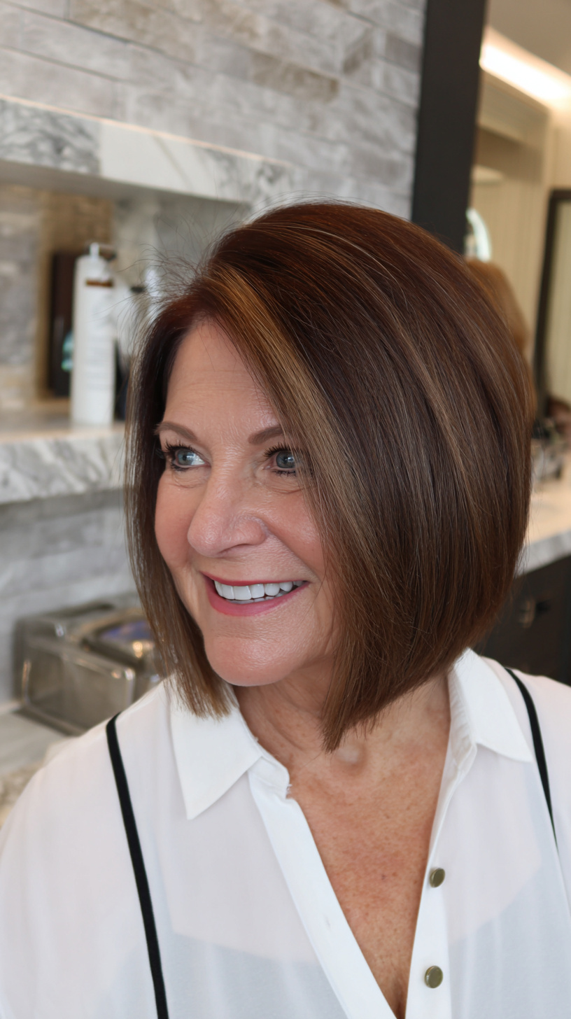 Stylish Warm Brown Blunt Bob with Subtle Highlights