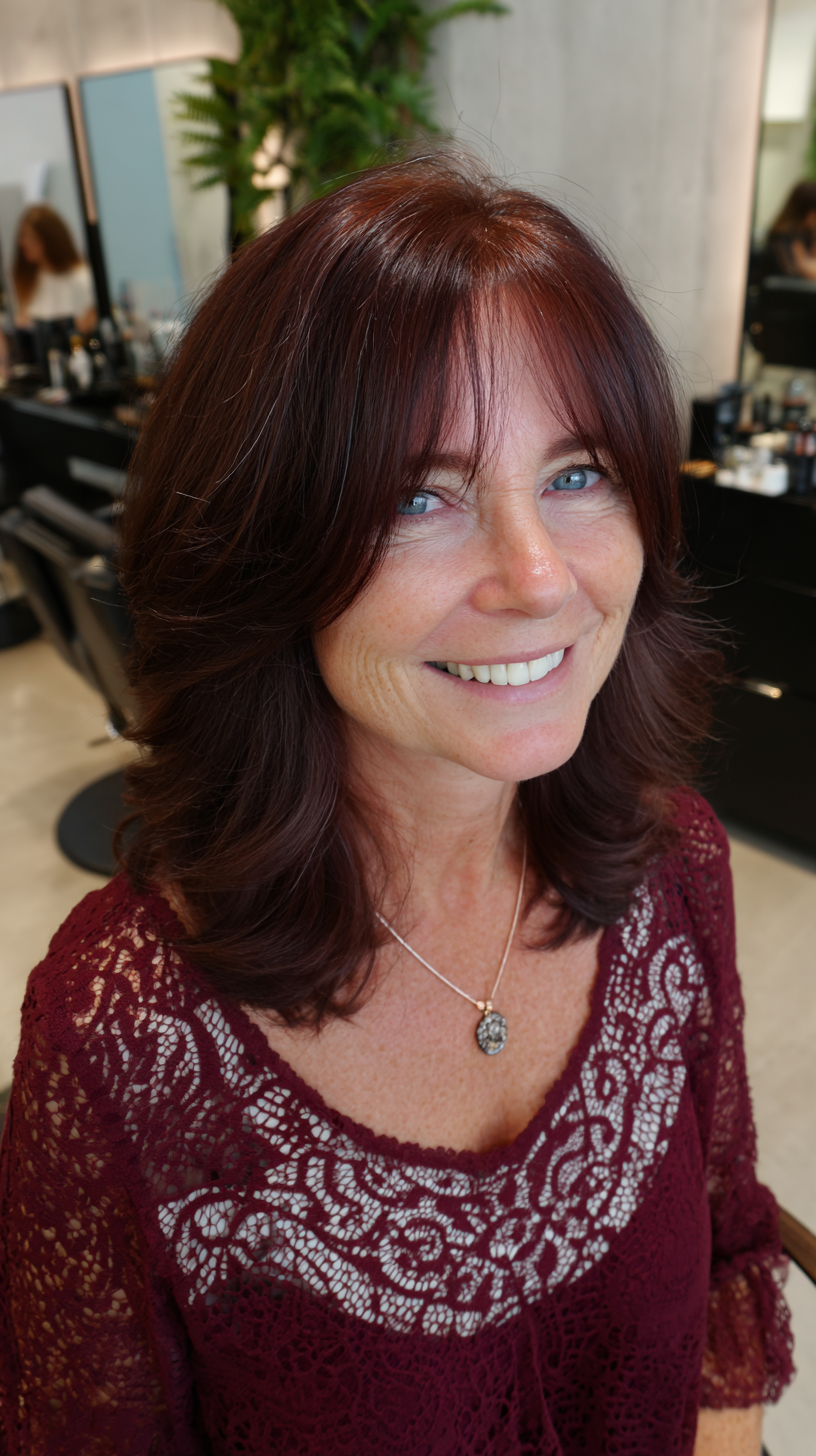 Beautiful Rich Auburn Layered Cut with Soft Face-Framing Bangs