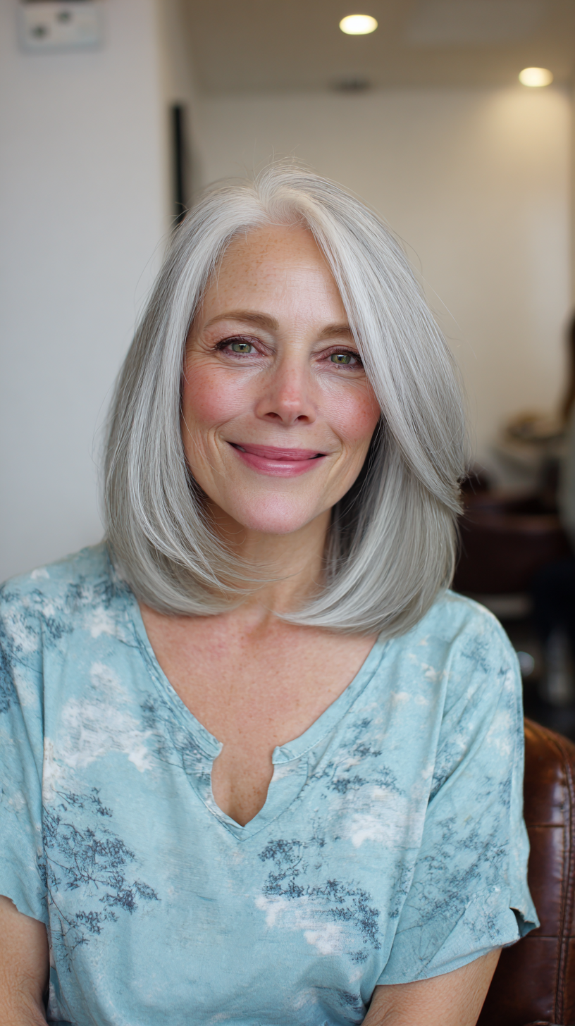 Elegant Silver Lob with Soft Face-Framing Layers