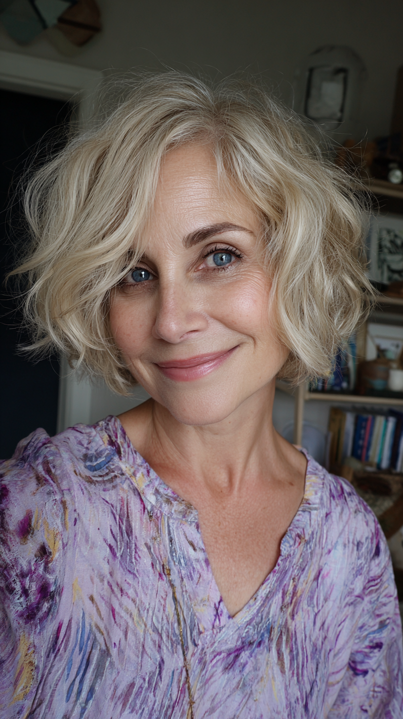 Textured Blonde Bob with Soft Waves for Mature Women