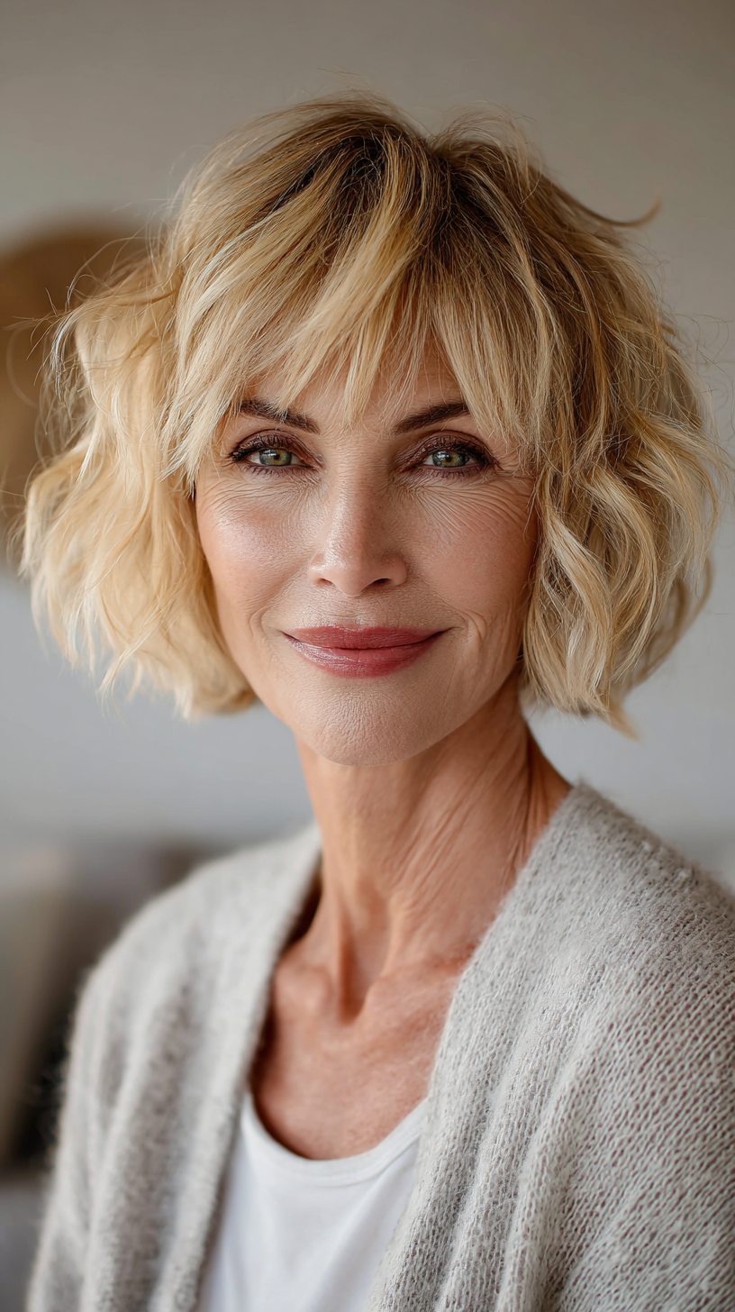 Trendy Textured Blonde Bob with Wispy Bangs