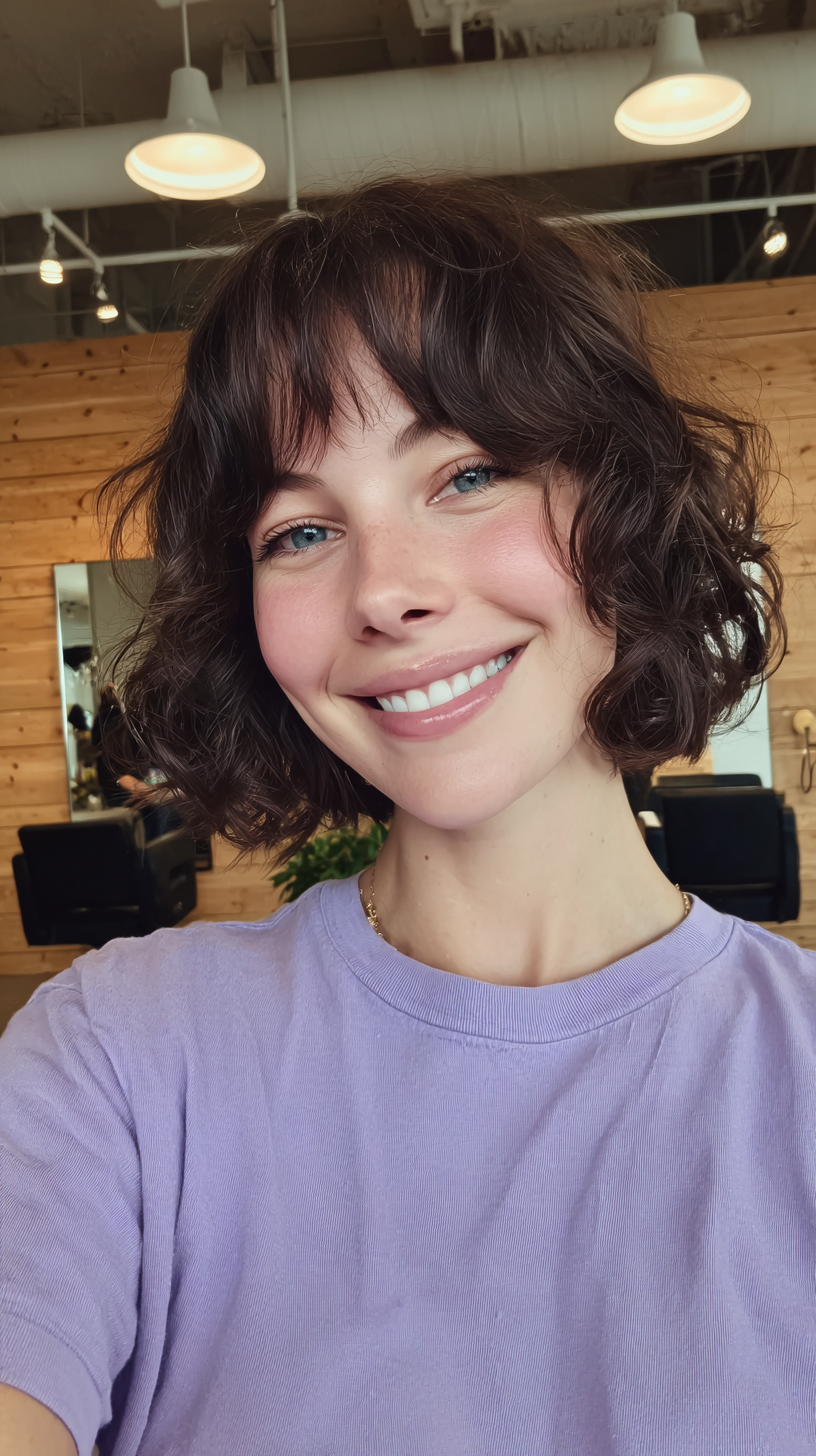 Charming Curly Bob with Soft Curtain Bangs