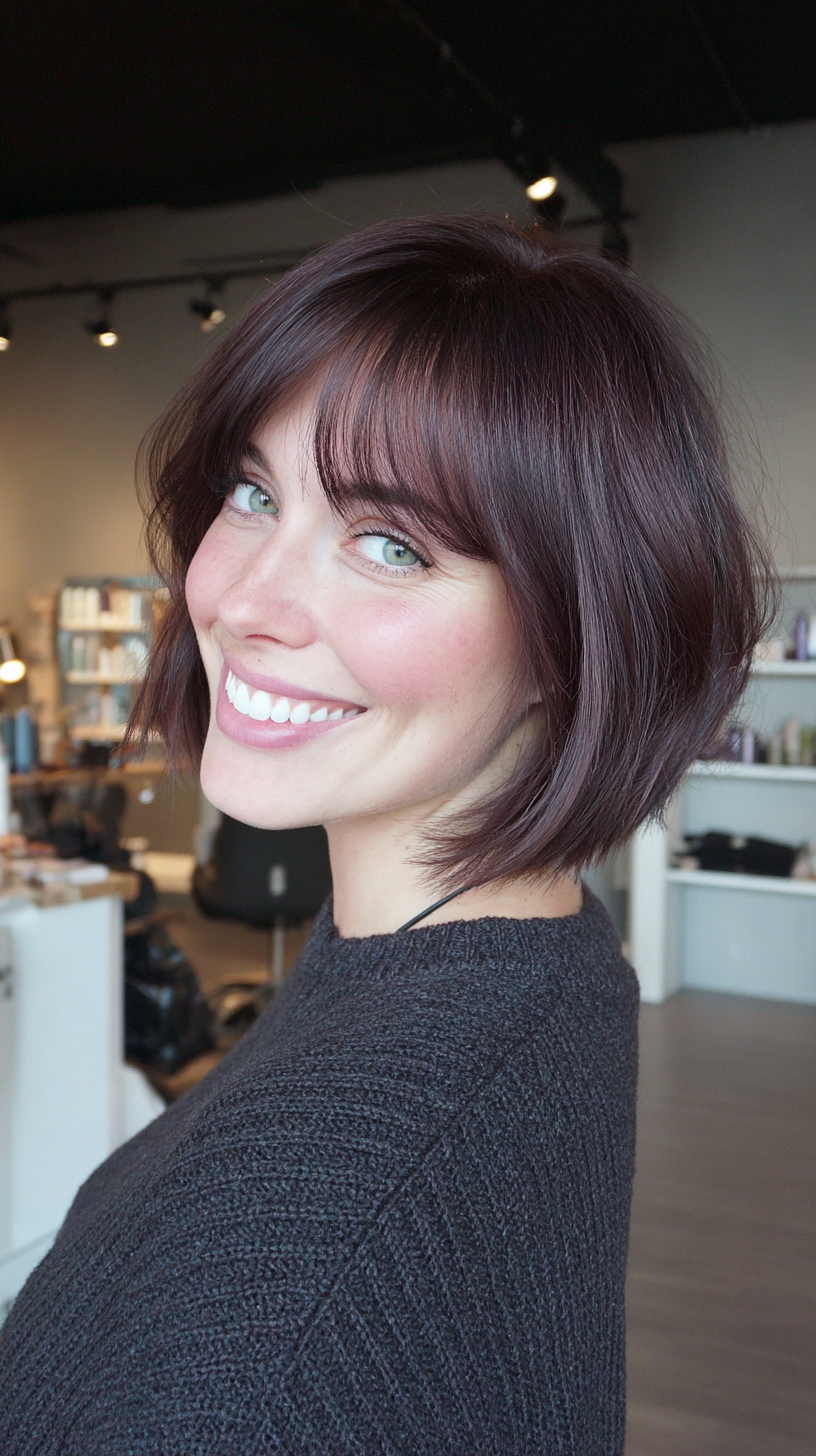 Chic Burgundy Bob with Soft Curtain Bangs