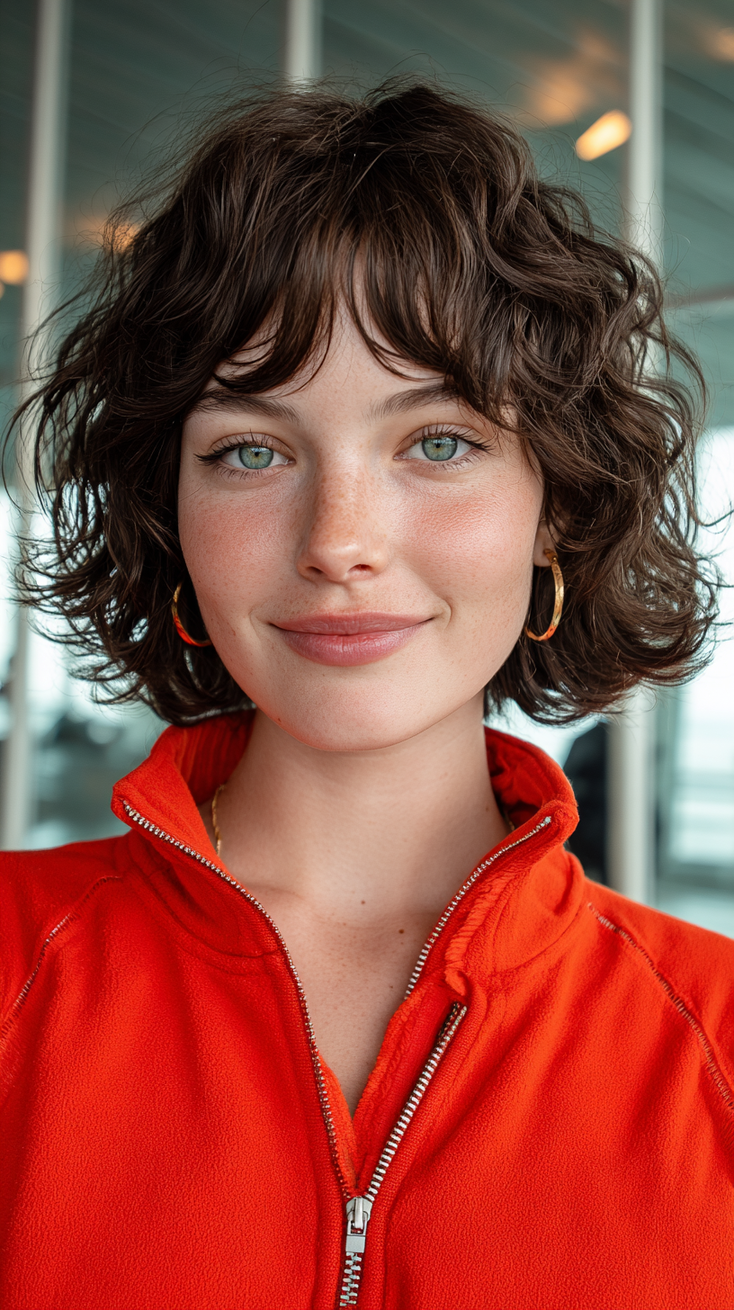 Dynamic Curly Bob with Face-Framing Curtain Bangs