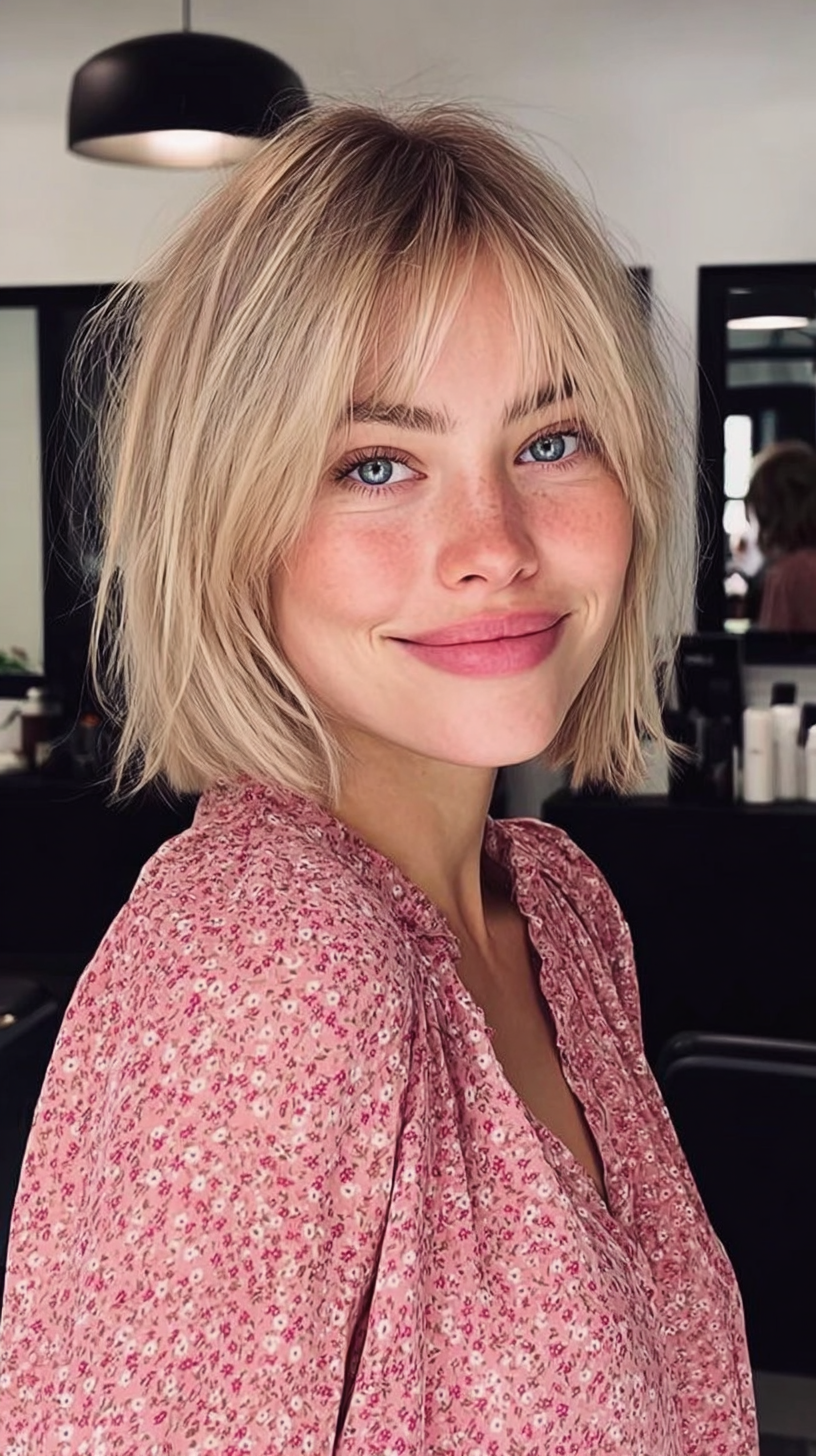 Modern Textured Bob with Soft Curtain Bangs