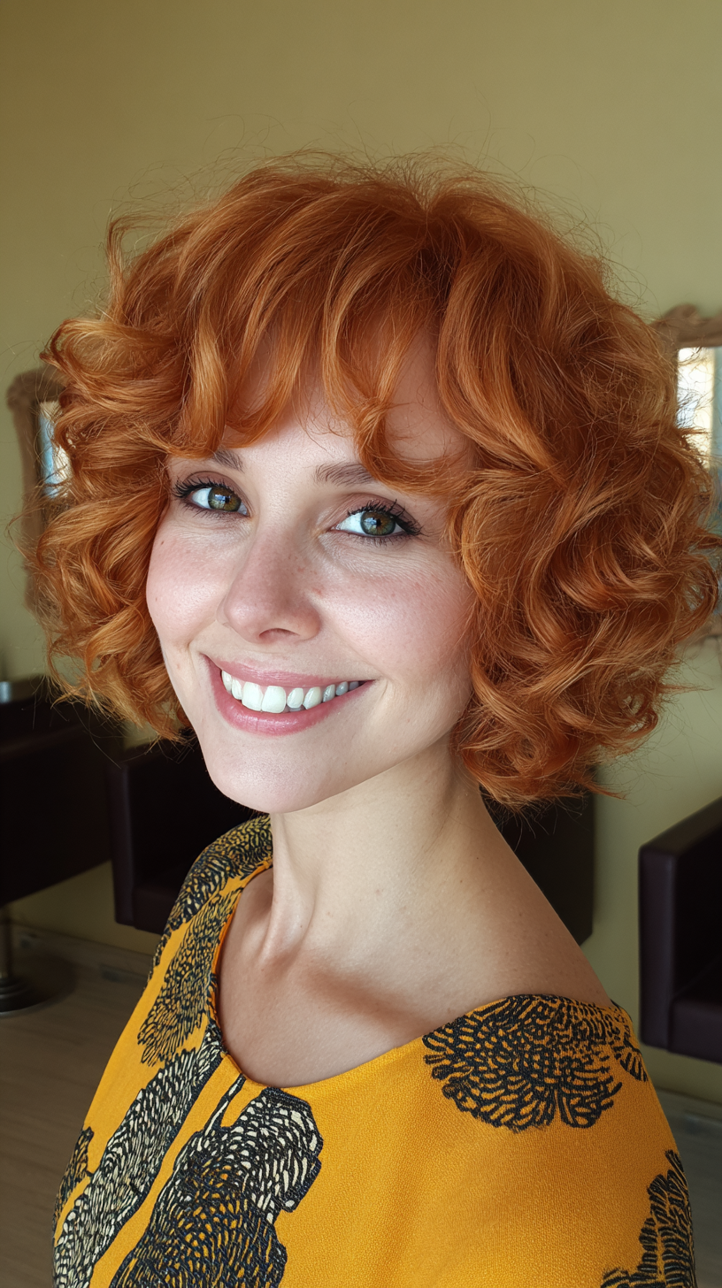 Playful Curly Bob with Face-Framing Curtain Bangs