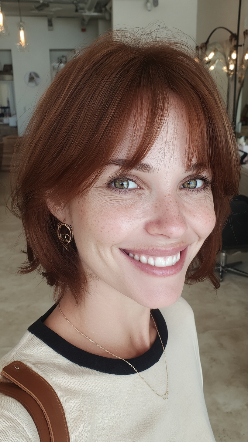 Rustic Copper Bob with Face-Framing Curtain Bangs
