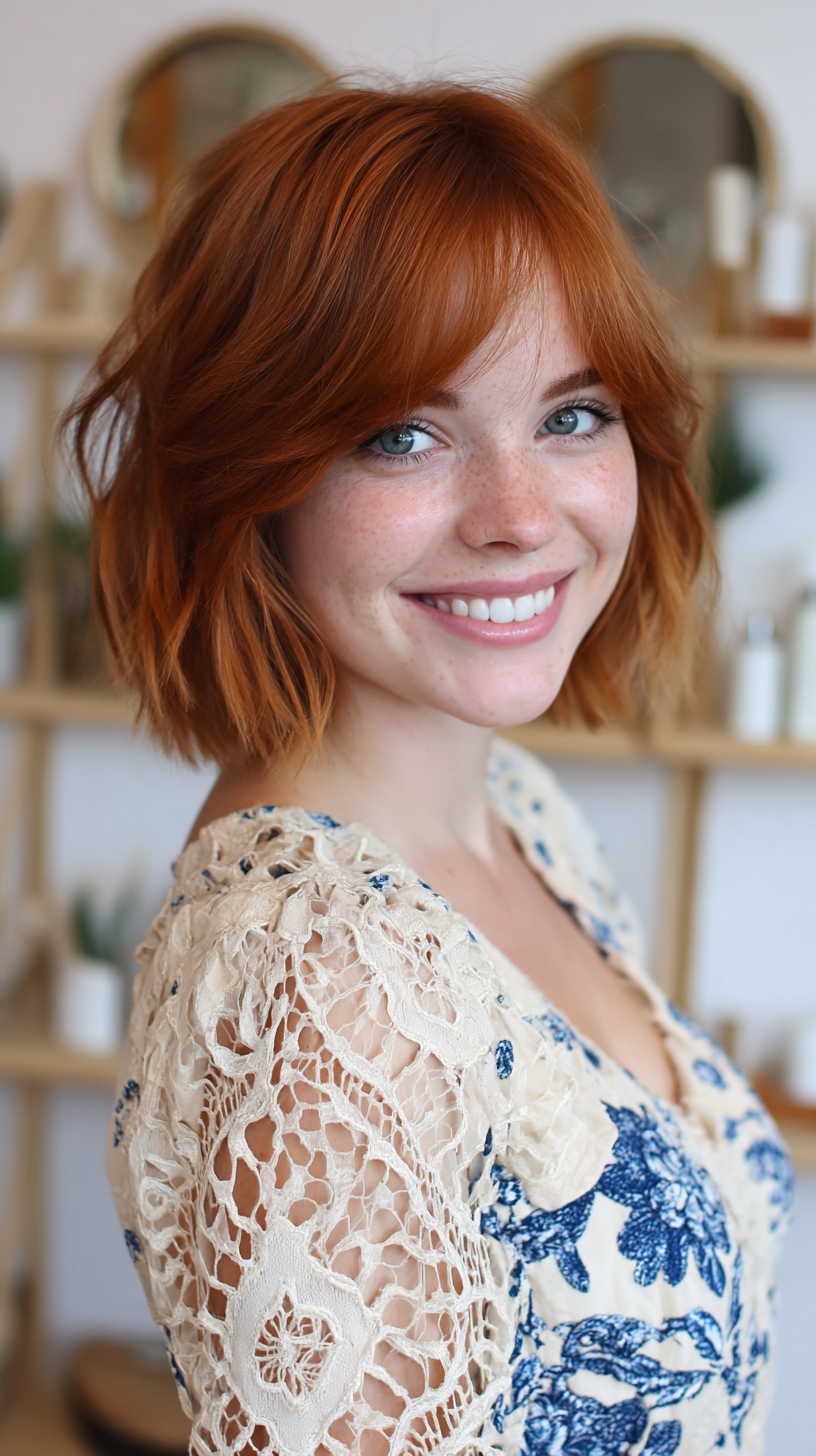 Textured Copper Bob with Soft Curtain Bangs