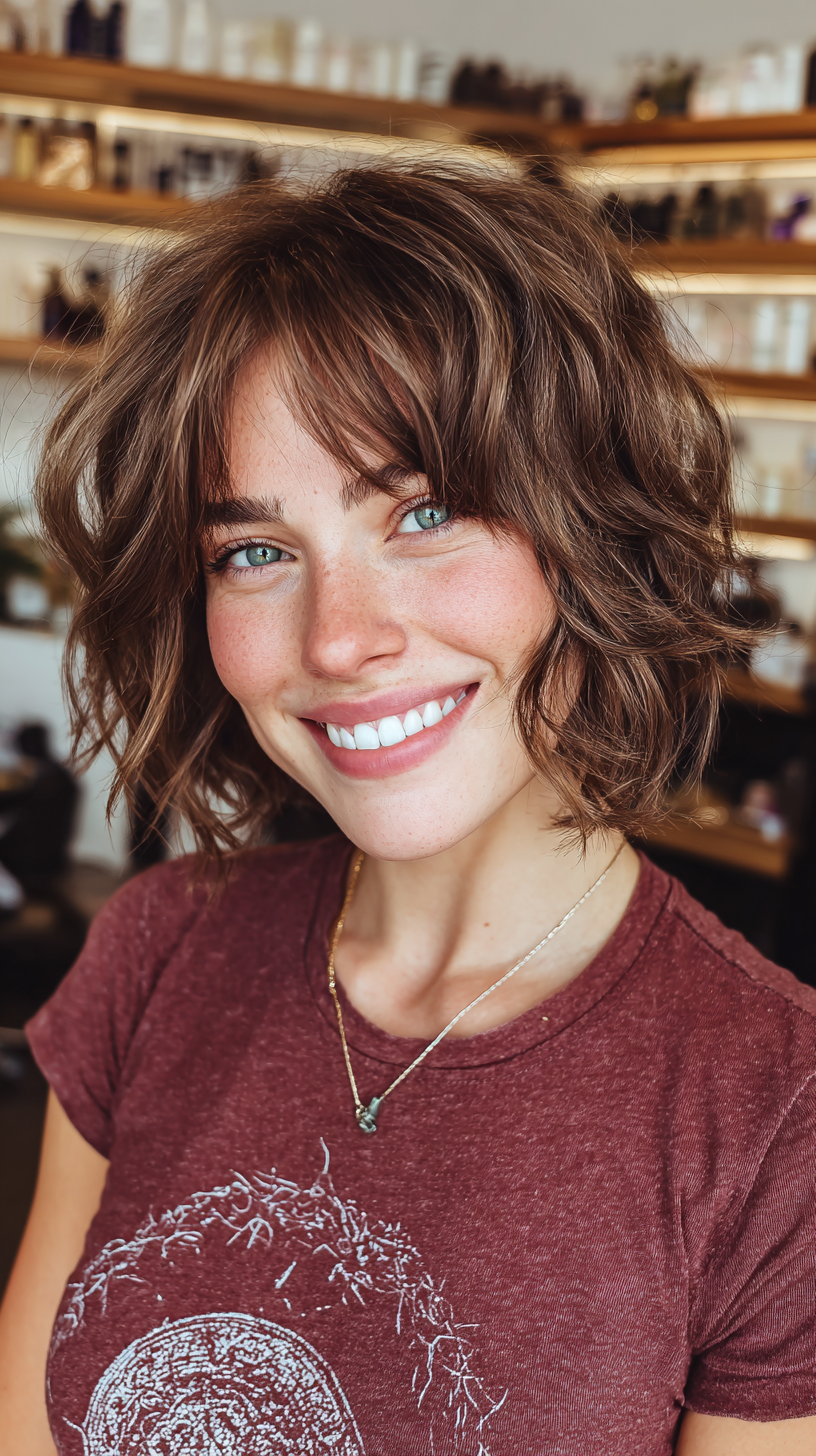 Textured Short Bob with Face-Framing Curtain Bangs