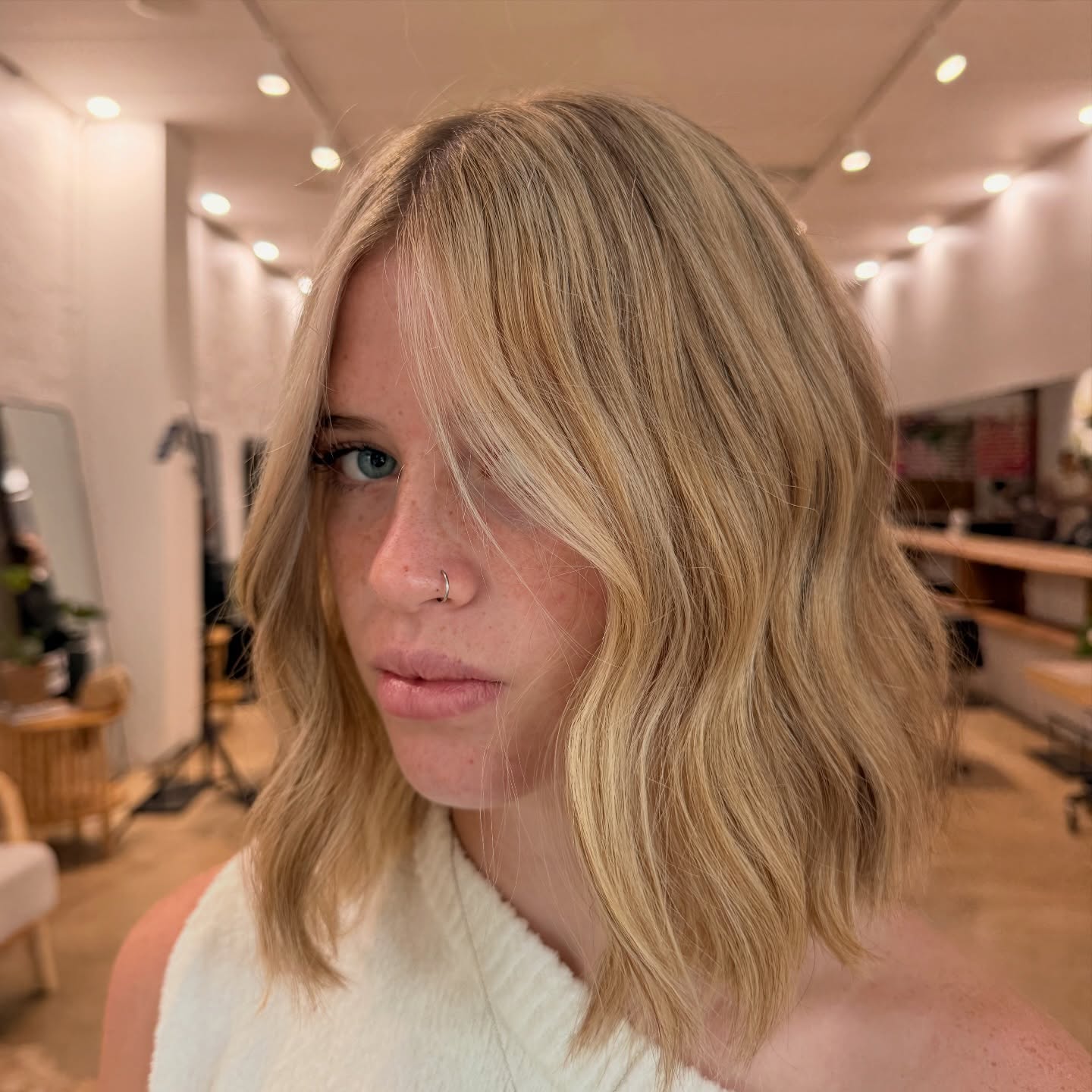Softly Textured Lived-In Blonde Bob with Natural Waves