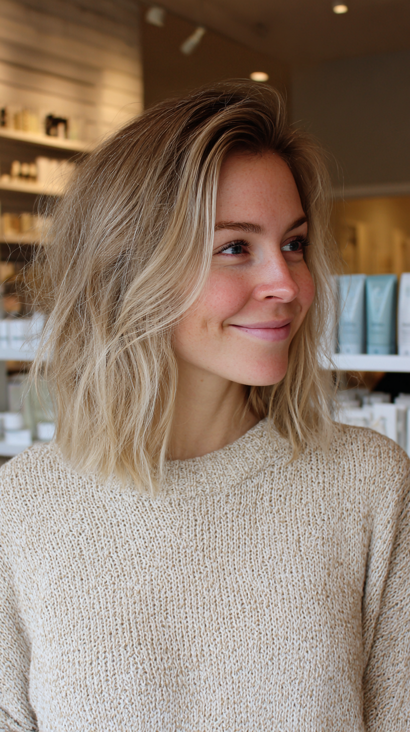 Chic Textured Lived-In Blonde Bob with Soft Waves