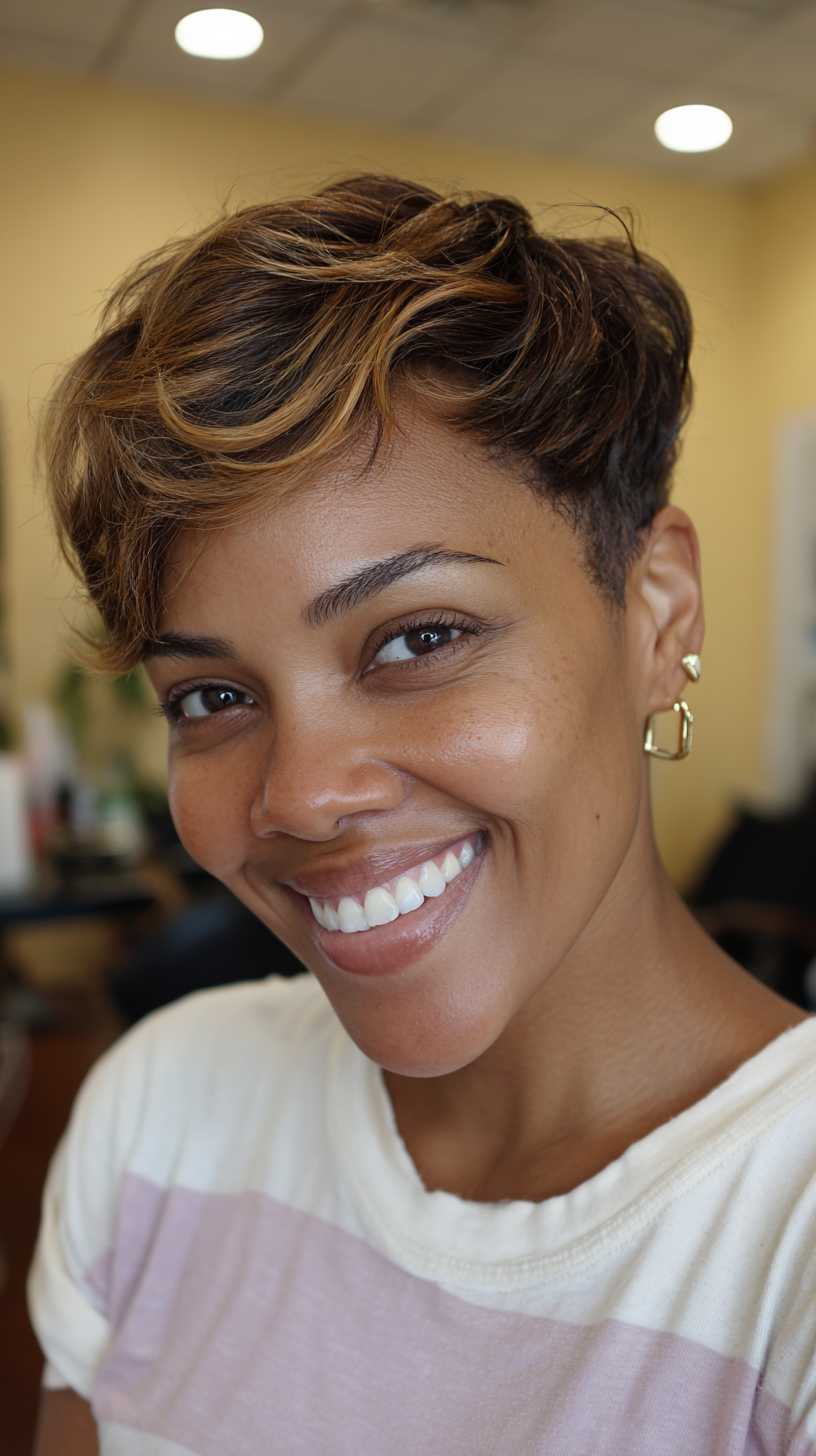Stylish Long Pixie Cut with Soft Caramel Highlights