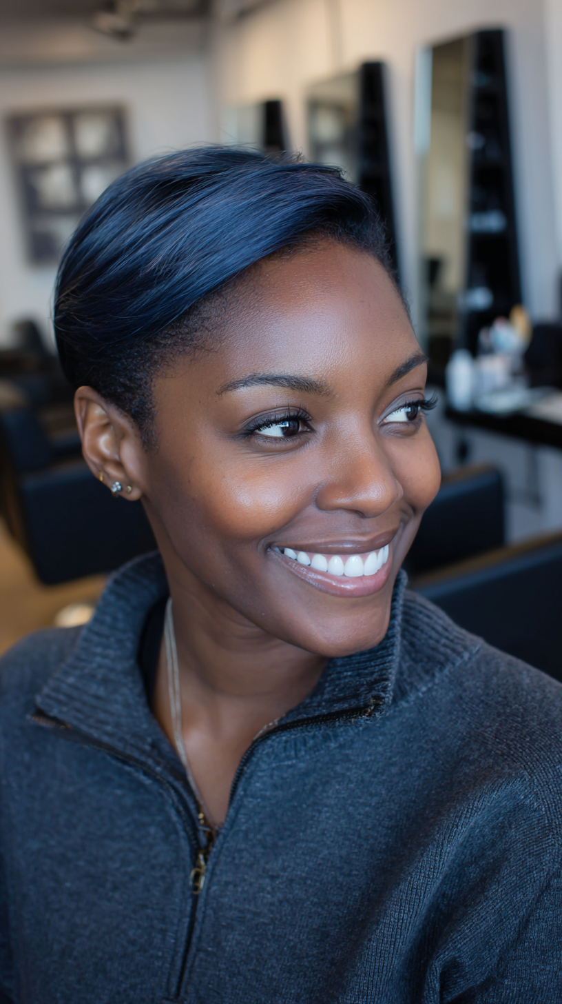 Stylish Long Pixie Cut with Subtle Blue Highlights