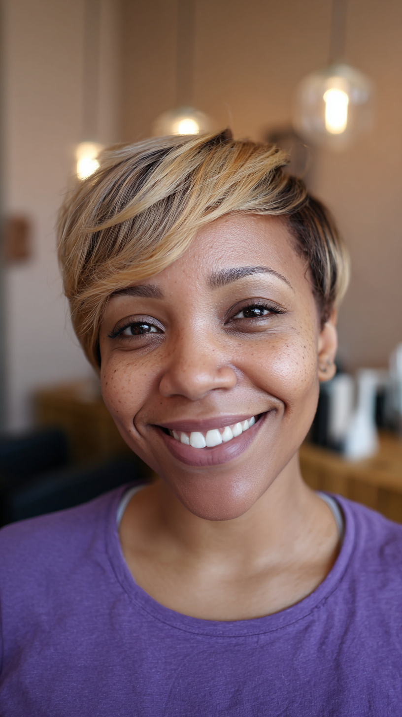 Stylish Textured Long Pixie Cut with Soft Blonde Highlights