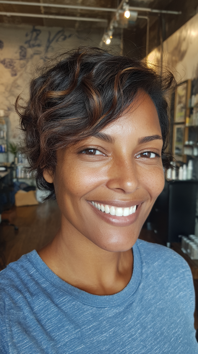 Textured Long Pixie Cut with Soft Caramel Highlights