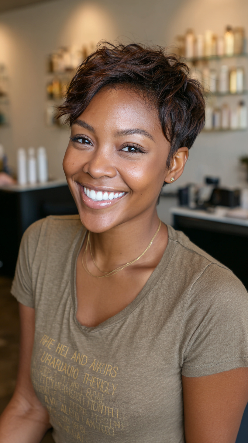 Textured Long Pixie Cut with Soft Waves for Natural Hair