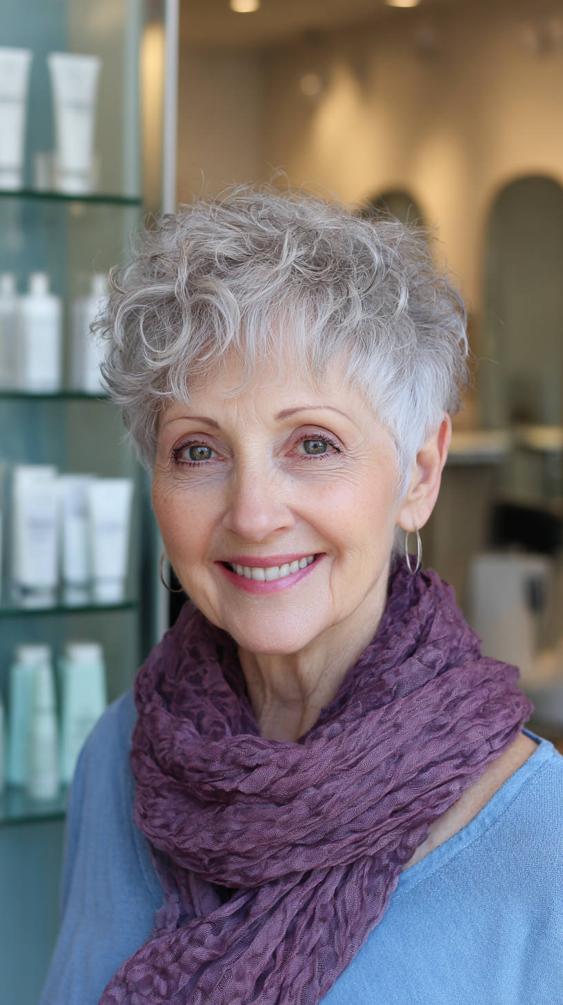 Textured Silver Pixie Cut with Soft Curls