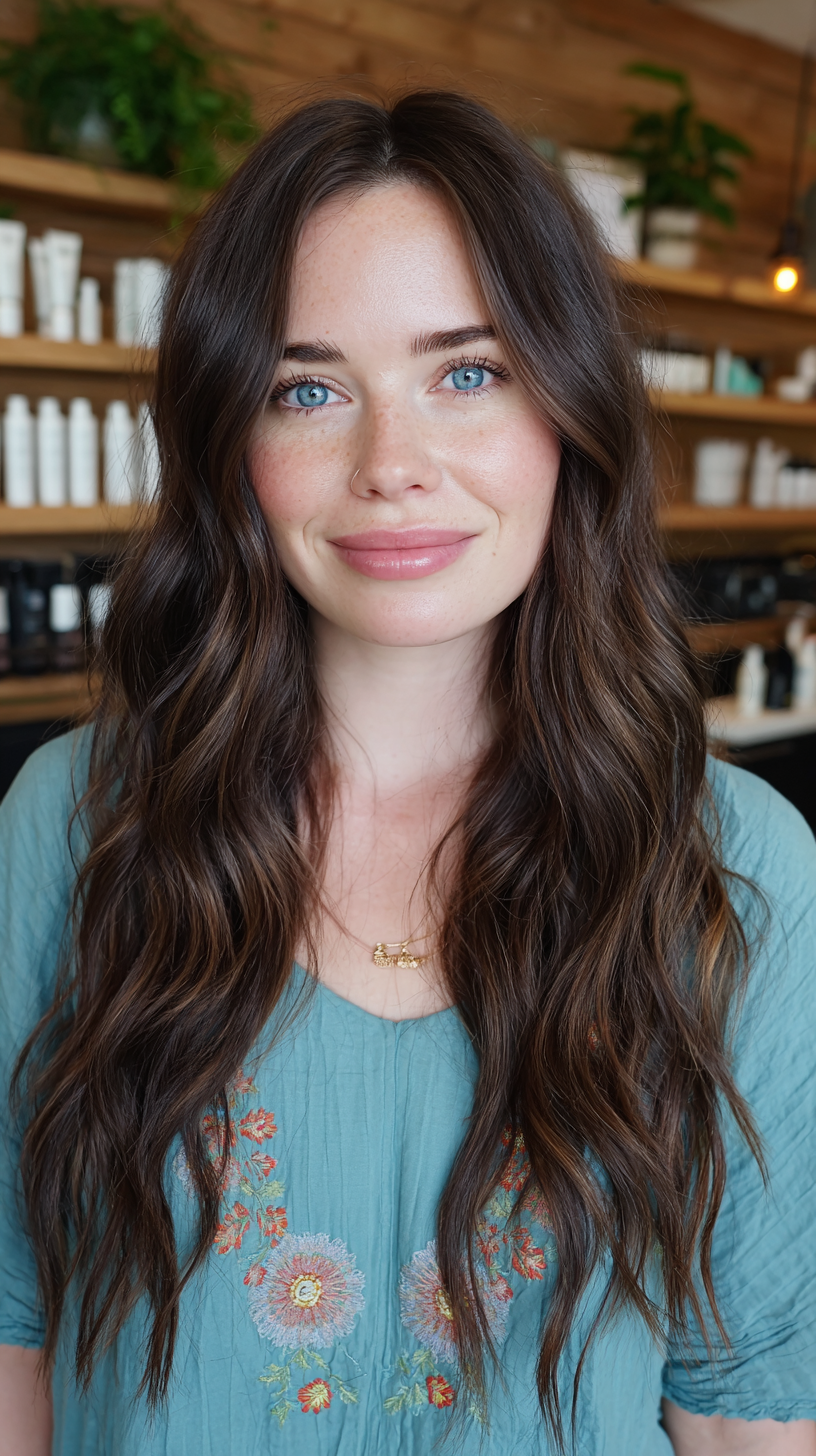 Beautiful Long Layered Waves with Rich Dark Undertones