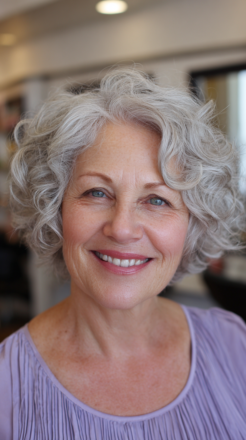 Chic Curly Silver Bob with Soft Texture