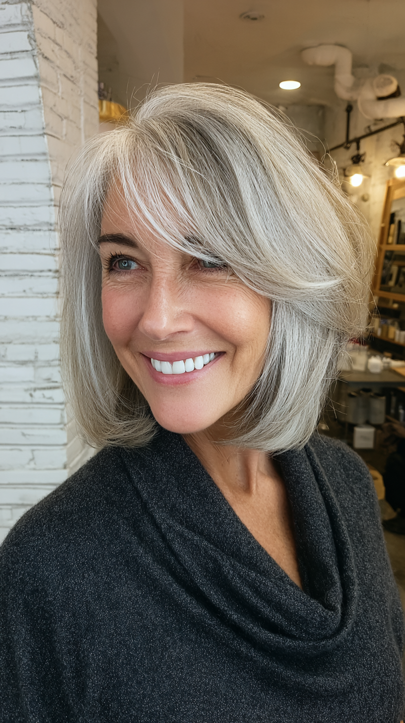 Chic Silver Bob with Soft Side Bangs