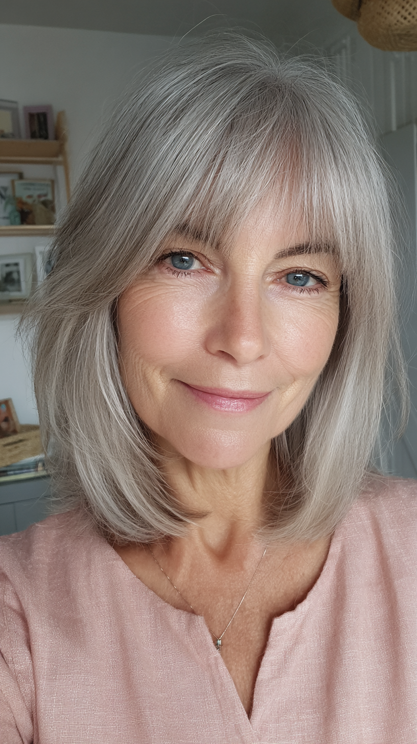 Chic Silver Layered Lob with Soft Bangs