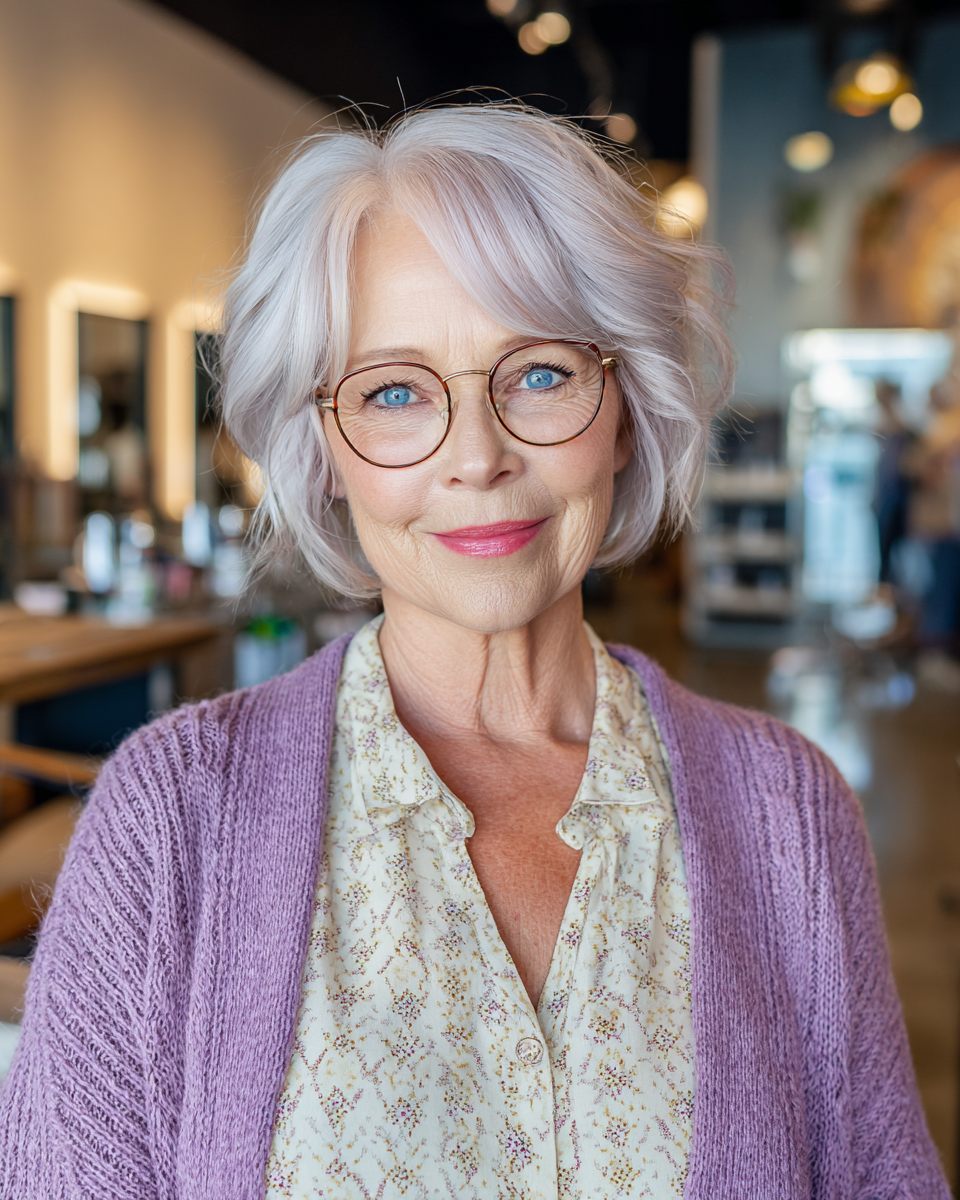 Chic Softly Curled Silver Bob with Volume