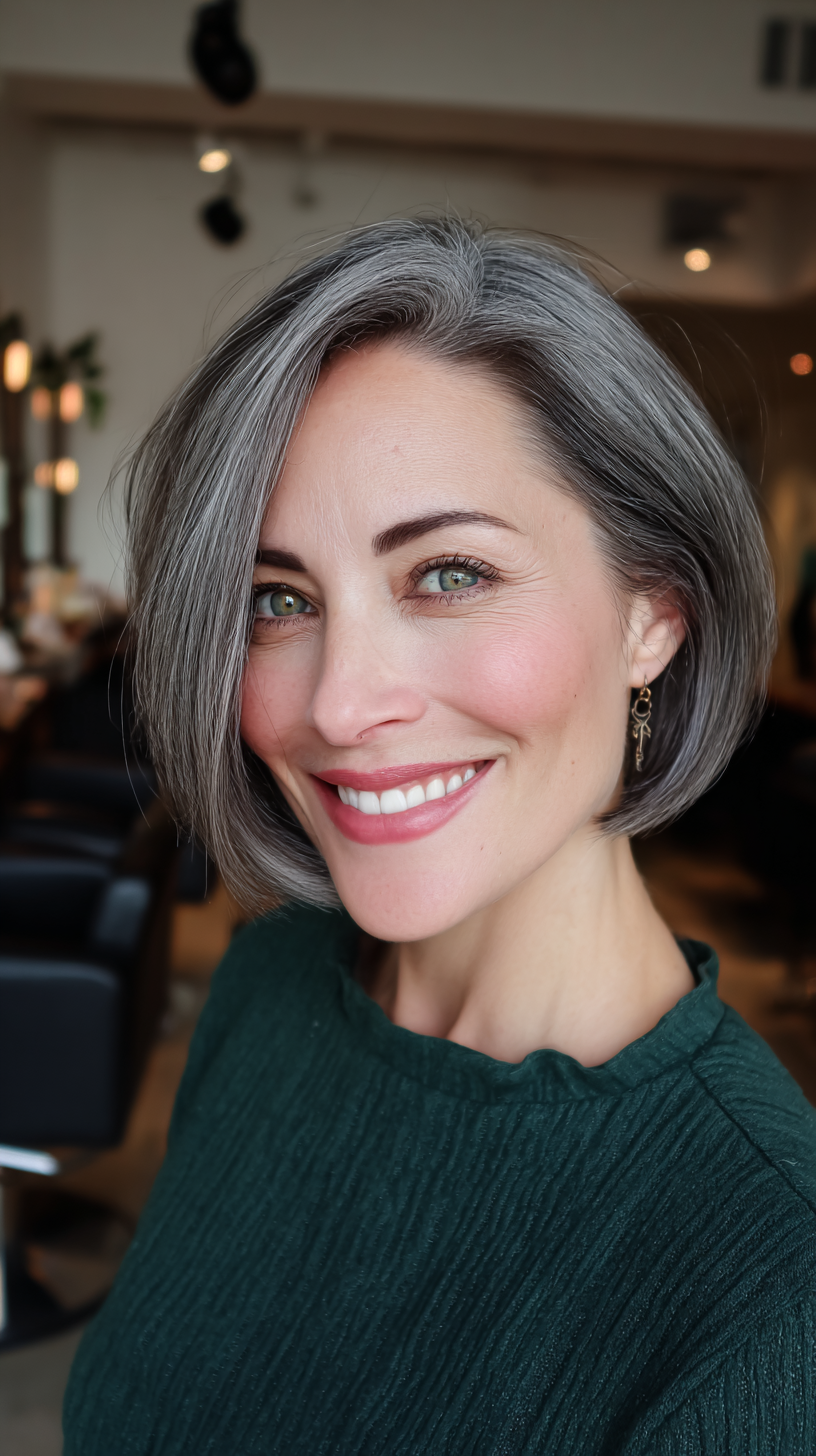 Elegant Silver Angled Bob with Soft Waves