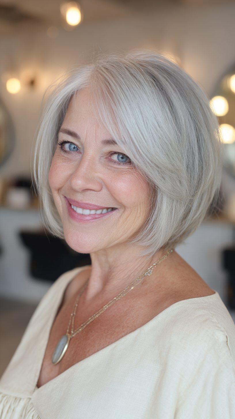 Modern Silver Bob with Soft Side Bangs
