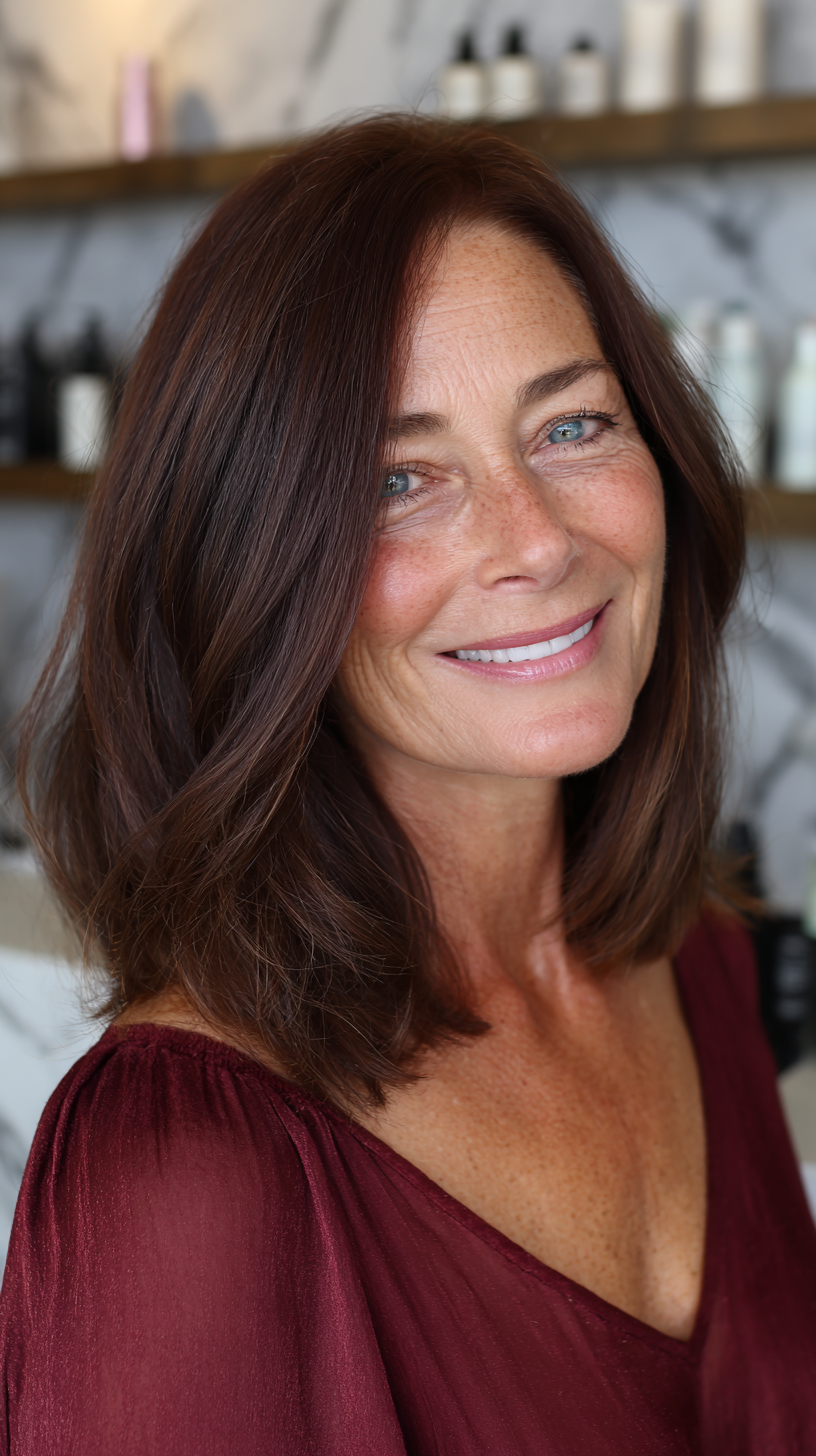 Rich Chocolate Shoulder-Length Lob with Subtle Layers