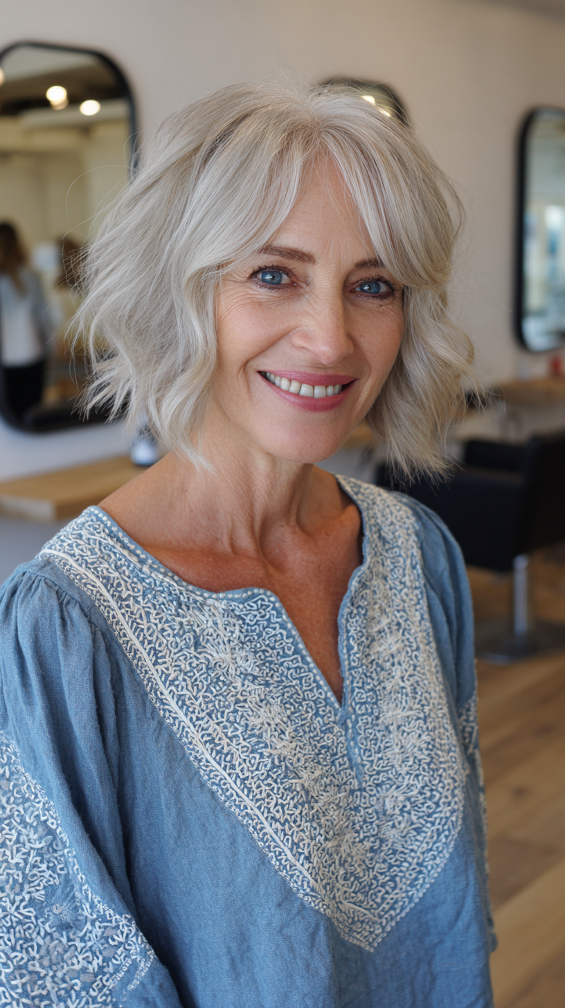 Soft Wavy Bob with Gentle Side Bangs for Mature Women