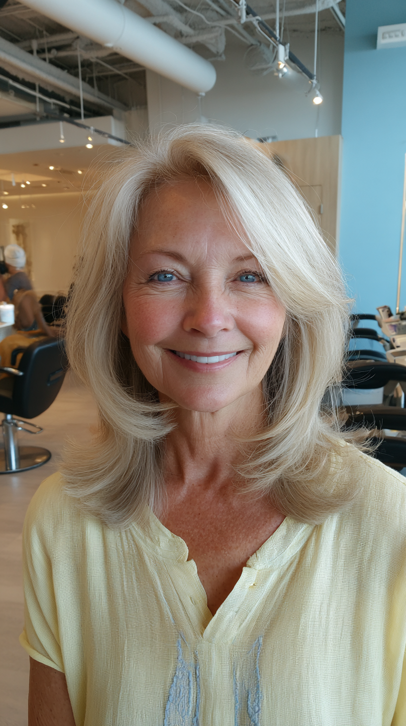 Softly Layered Ash Blonde Mid-Length Cut