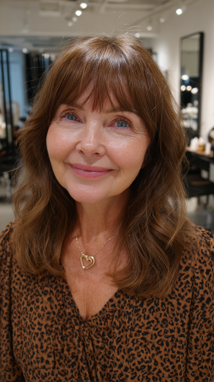 Softly Layered Chestnut Waves with Face-Framing Bangs