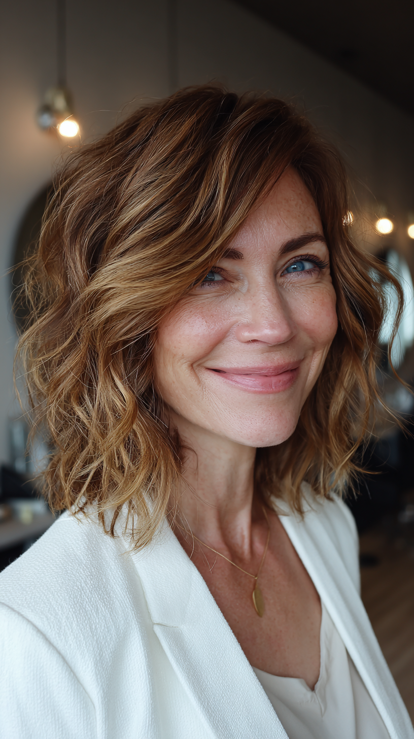 Textured Caramel Layered Lob with Soft Waves