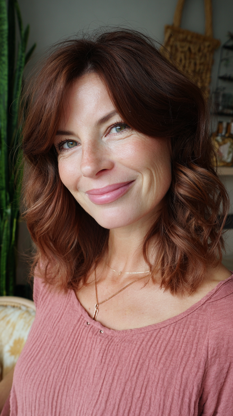 Warm Auburn Layered Lob with Soft Waves