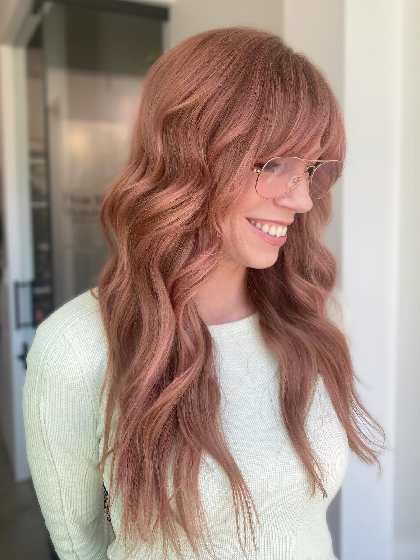 Soft Rose-Toned Waves with Textured Bangs