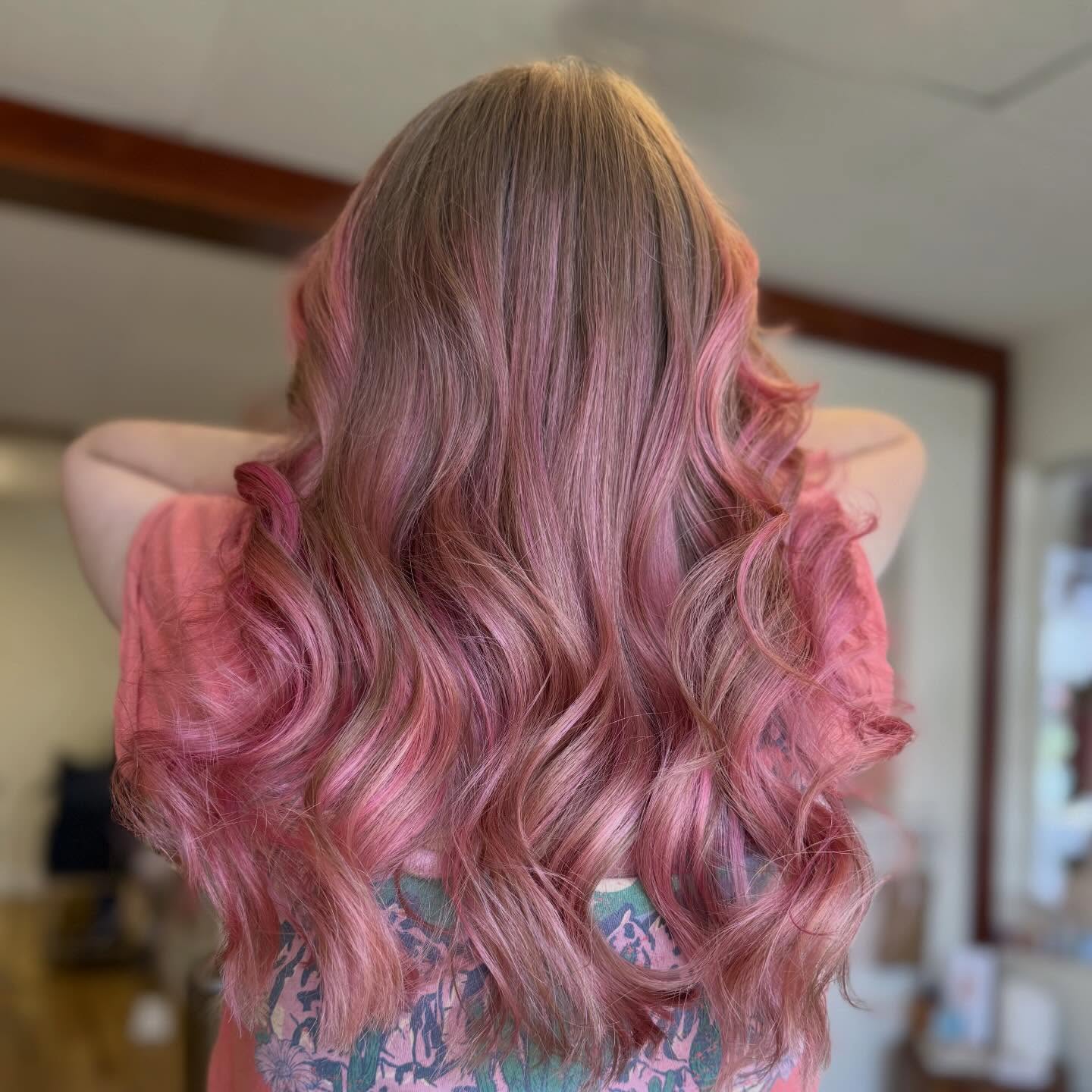 Vibrant Pink and Blonde Balayage with Loose Waves